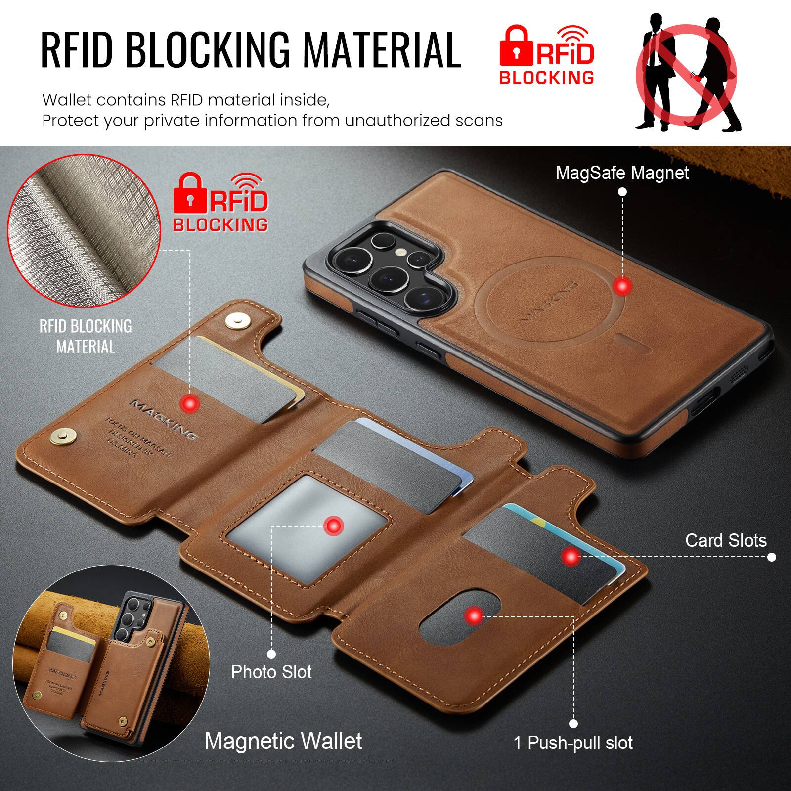 RFID BLOCKING MATERIAL

Wallet contains RFID material inside, Protect your private information from unauthorized scans

RFID BLOCKING MATERIAL

RFID BLOCKING

MagSafe Magnet

Card Slots

Photo Slot

Magnetic Wallet

1 Push-pull slot