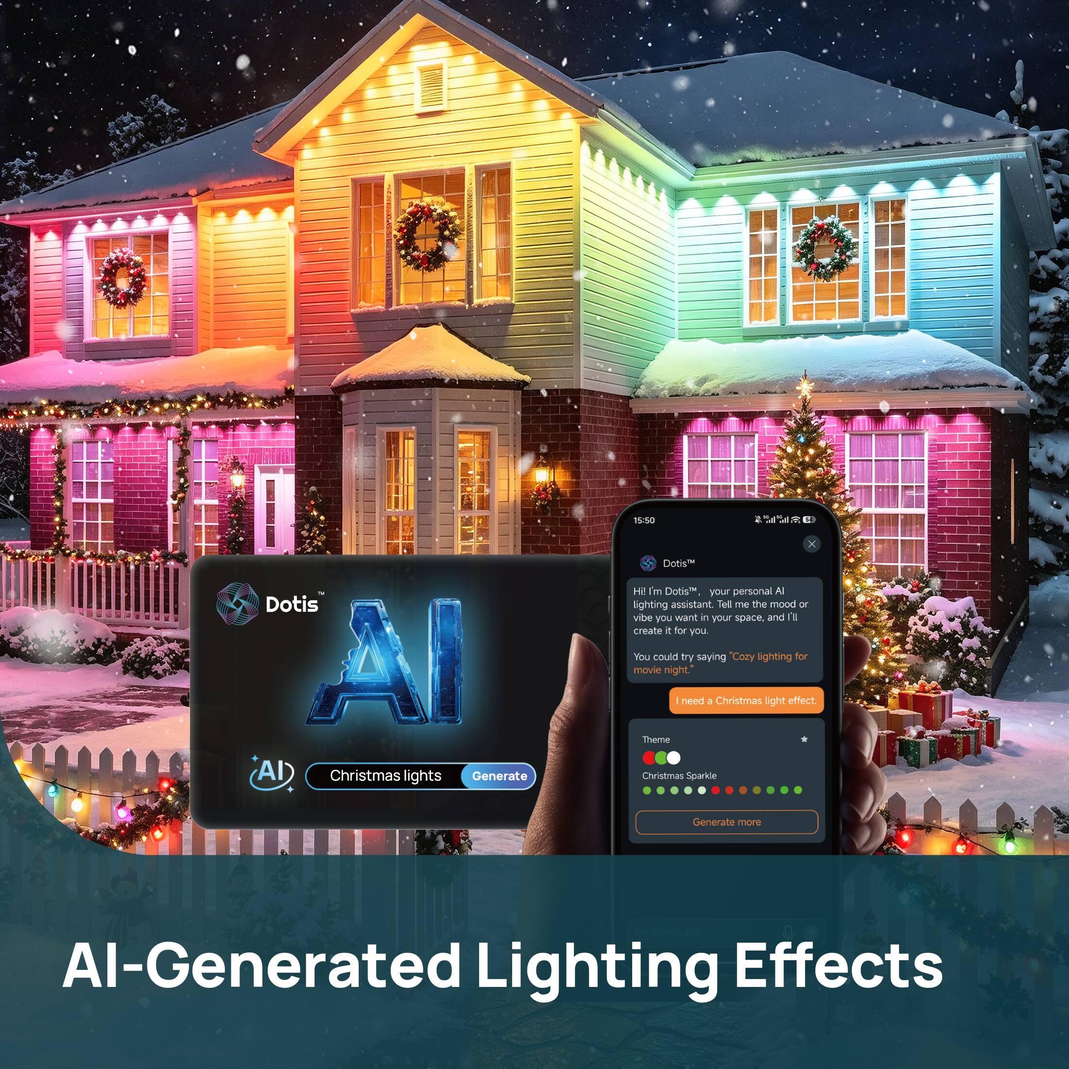15:30 Dotis AI

Hi, I'm Dotis, your personal AI lighting assistant. Tell me the mood or vibe you want in your space, and I'll create it for you. You could try saying "Cozy lighting for movie night."

- I need a Christmas light effect.

Theme: Christmas Sparkle

Generate more

AI-Generated Lighting Effects
