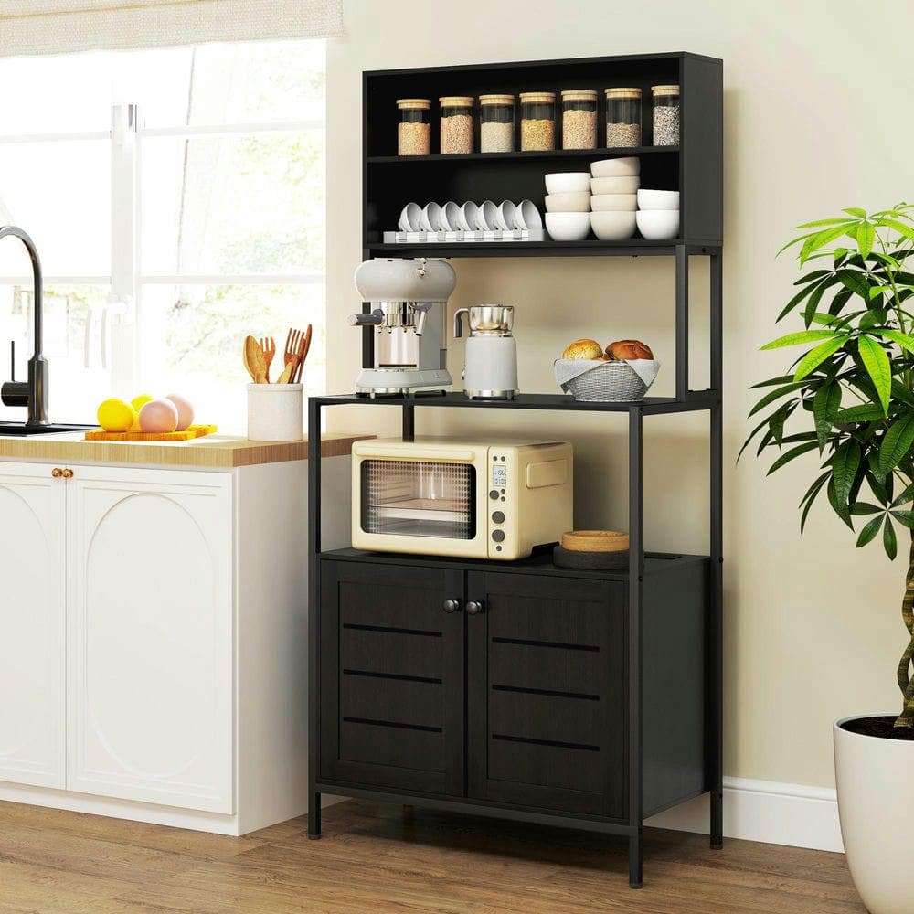 Kadyn - Kitchen Baker's Rack with Electrical Outlet, Microwave Stand & Louvered Door - Black