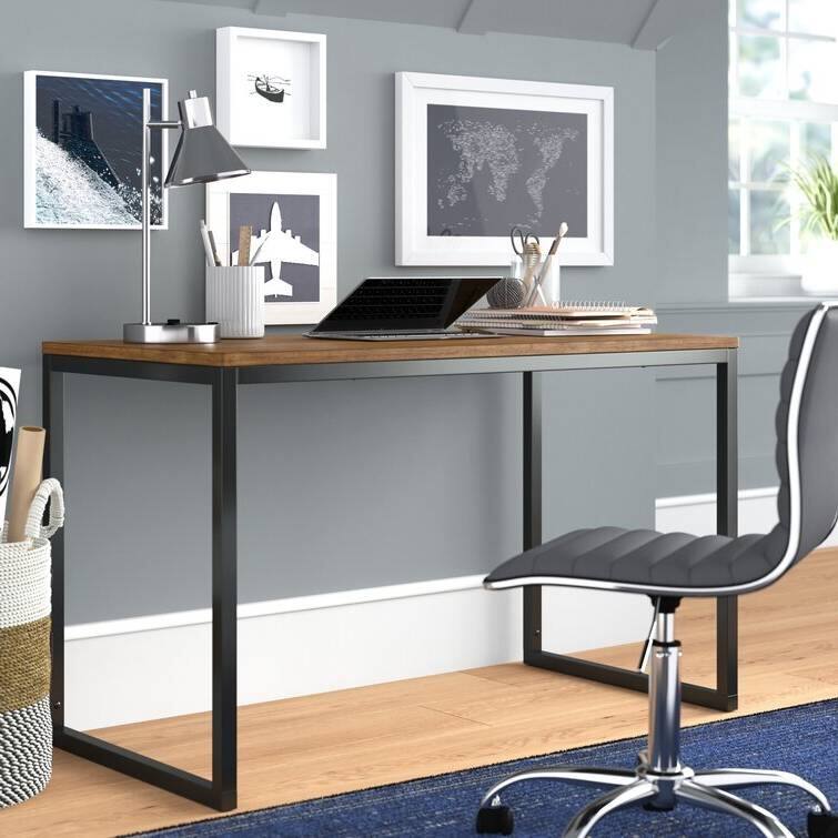 Angle. Hivvago - Modern Home Office Desk with Black Metal Frame and Brown Wood Top - Brown.