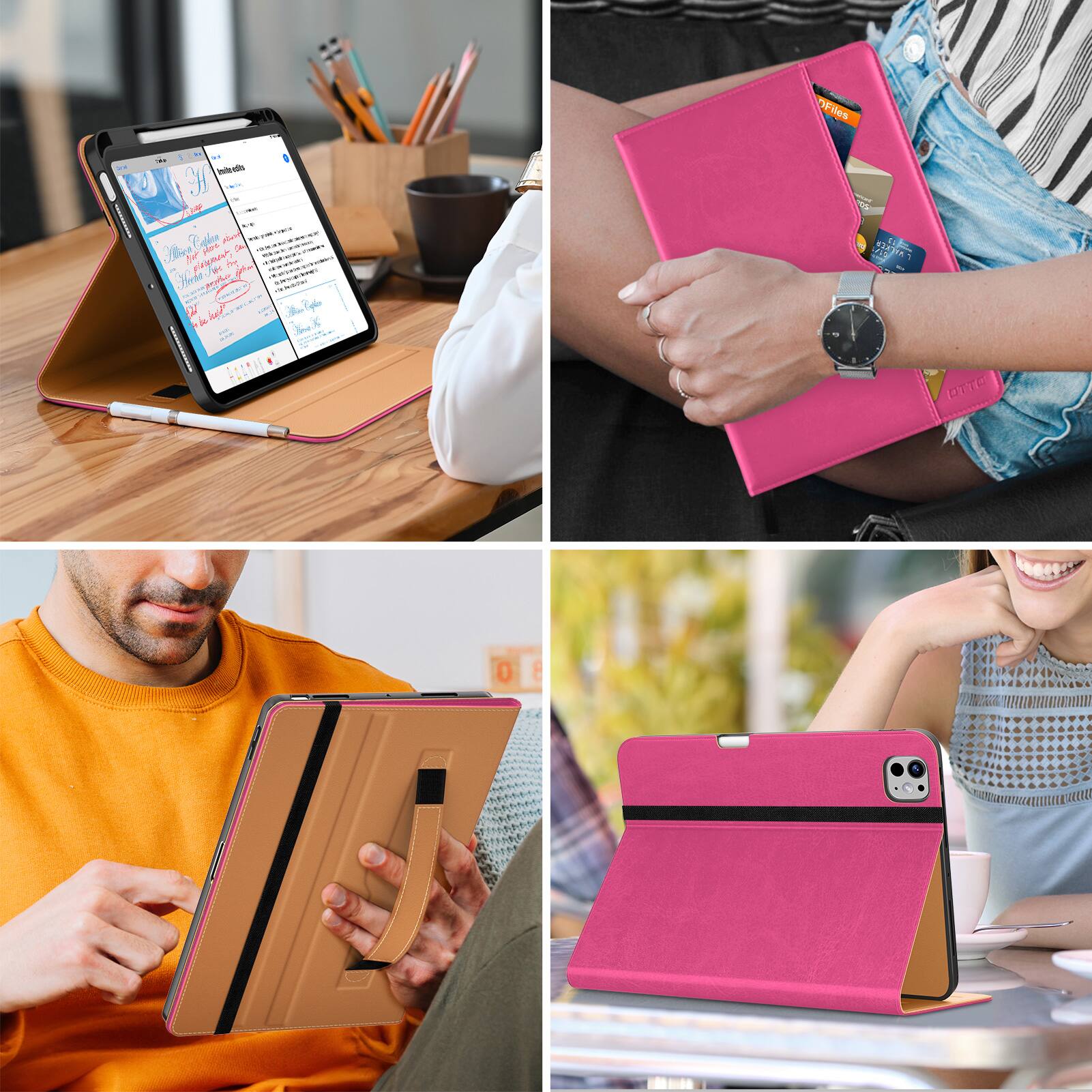 The text in the image is not clearly readable, but here is an attempt to group and correct it based on the visible parts:

1. **Top Left:**
   - "OFiles"
   - "hiteato 3"
   - "COMN: e I - 0 pe a Hve Mo Fnmas he F 7 I g Hl n - a RW W helf A i L 3S C2EAN - Pde 0 E"

2. **Top Right:**
   - "FING"

3. **Bottom Left:**
   - No discernible text.

4. **Bottom Right:**
   - No discernible text.

The text appears to be part of a document or form on the tablet screen in the top left image. The other images do not contain clearly readable text.