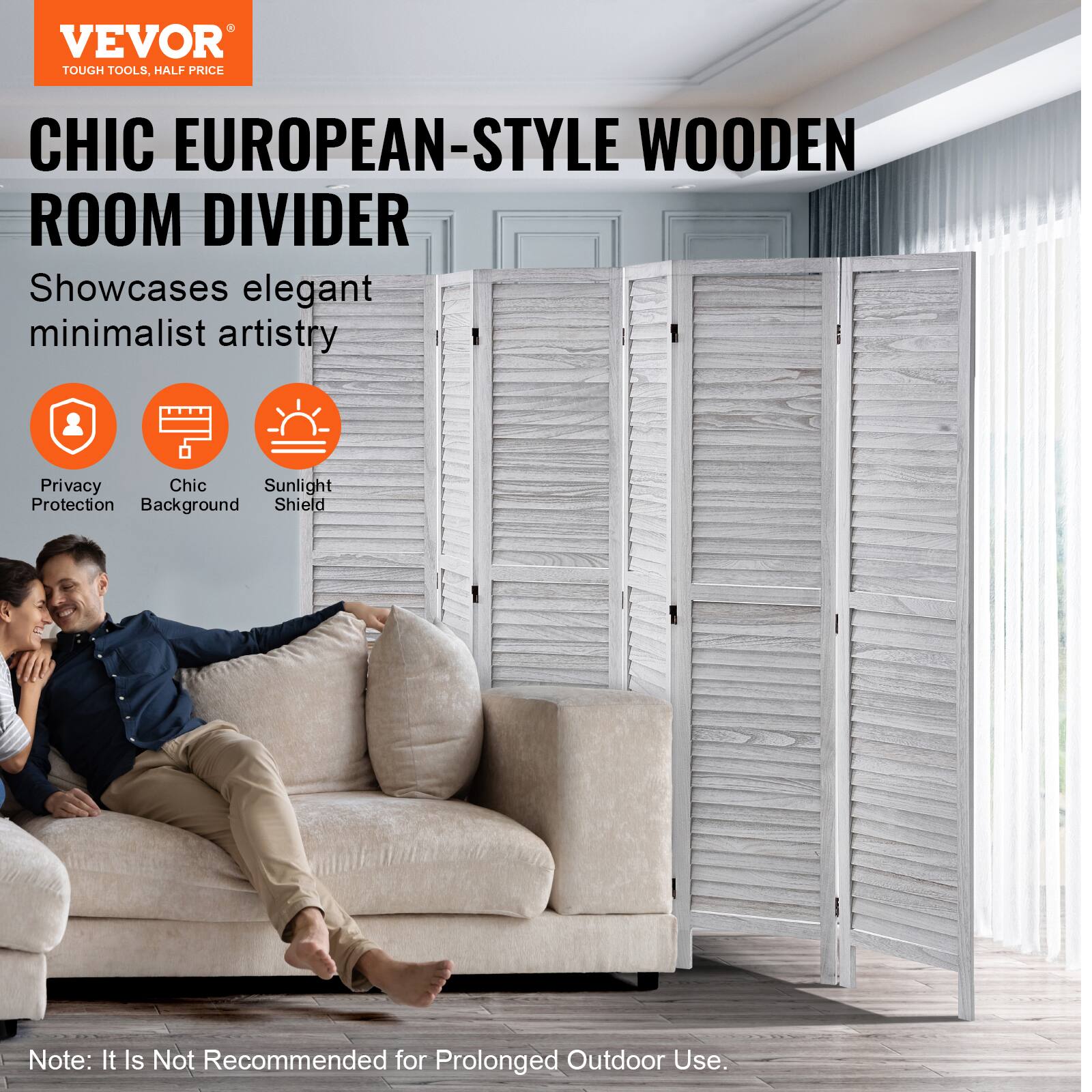 VEVOR TOUGH TOOLS, HALF PRICE

CHIC EUROPEAN-STYLE WOODEN ROOM DIVIDER

Showcases elegant minimalist artistry

- Privacy Protection
- Chic Background
- Sunlight Shield

Note: It is not recommended for prolonged outdoor use.
