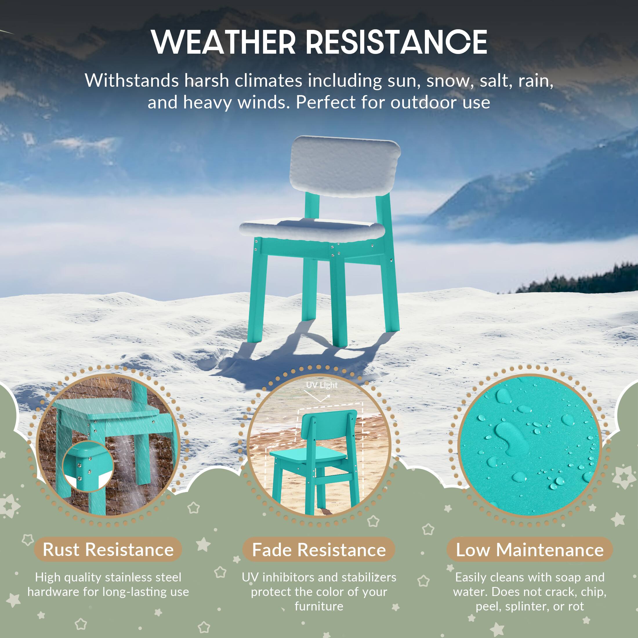 WEATHER RESISTANCE

Withstands harsh climates including sun, snow, salt, rain, and heavy winds. Perfect for outdoor use

Light Rust Resistance
- High quality stainless steel hardware for long-lasting use

Fade Resistance
- UV inhibitors and stabilizers protect the color of your furniture

Low Maintenance
- Easily cleans with soap and water. Does not crack, chip, peel, splinter, or rot