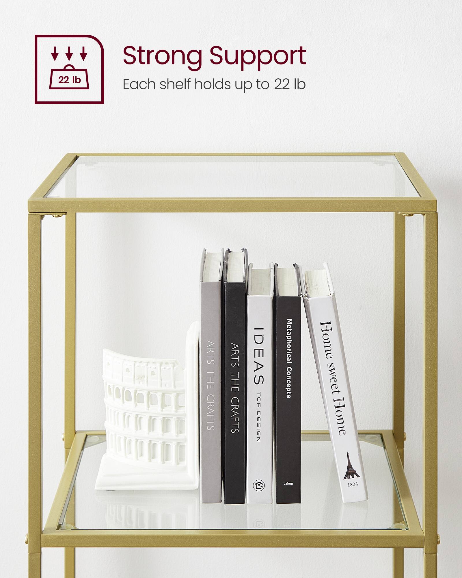 Strong Support  
Each shelf holds up to 22 lb  

ARTS THE CRAFTS  
IDEAS  
Metaphorical Concepts  
Home sweet Home  
TOP DESIGN  

LINEE 1801