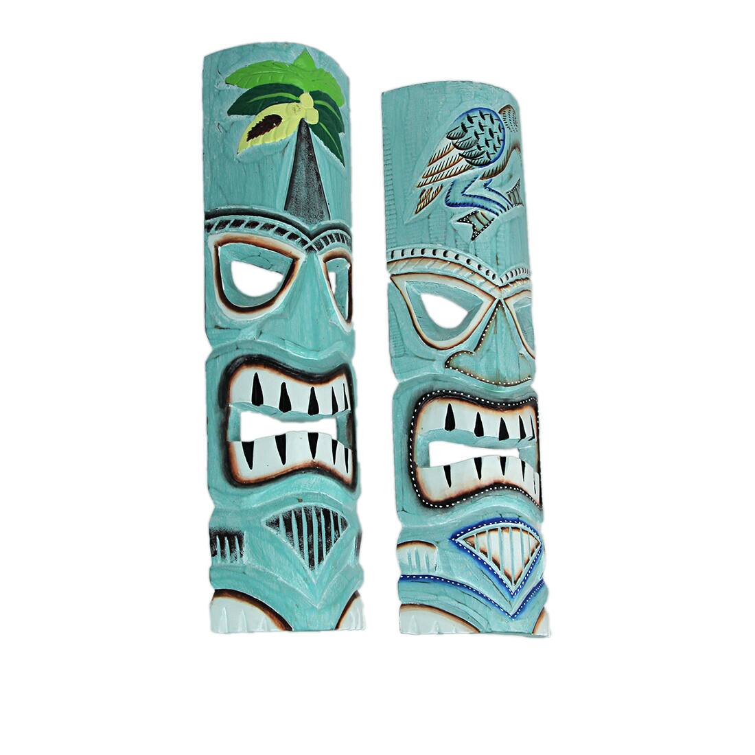 Alt View 1. Things2Die4 - Handcrafted Aqua Blue Parrot & Palm Tree Wooden Tiki Mask Wall Hangings – 20 Inches High - Set of 2 - Blue.