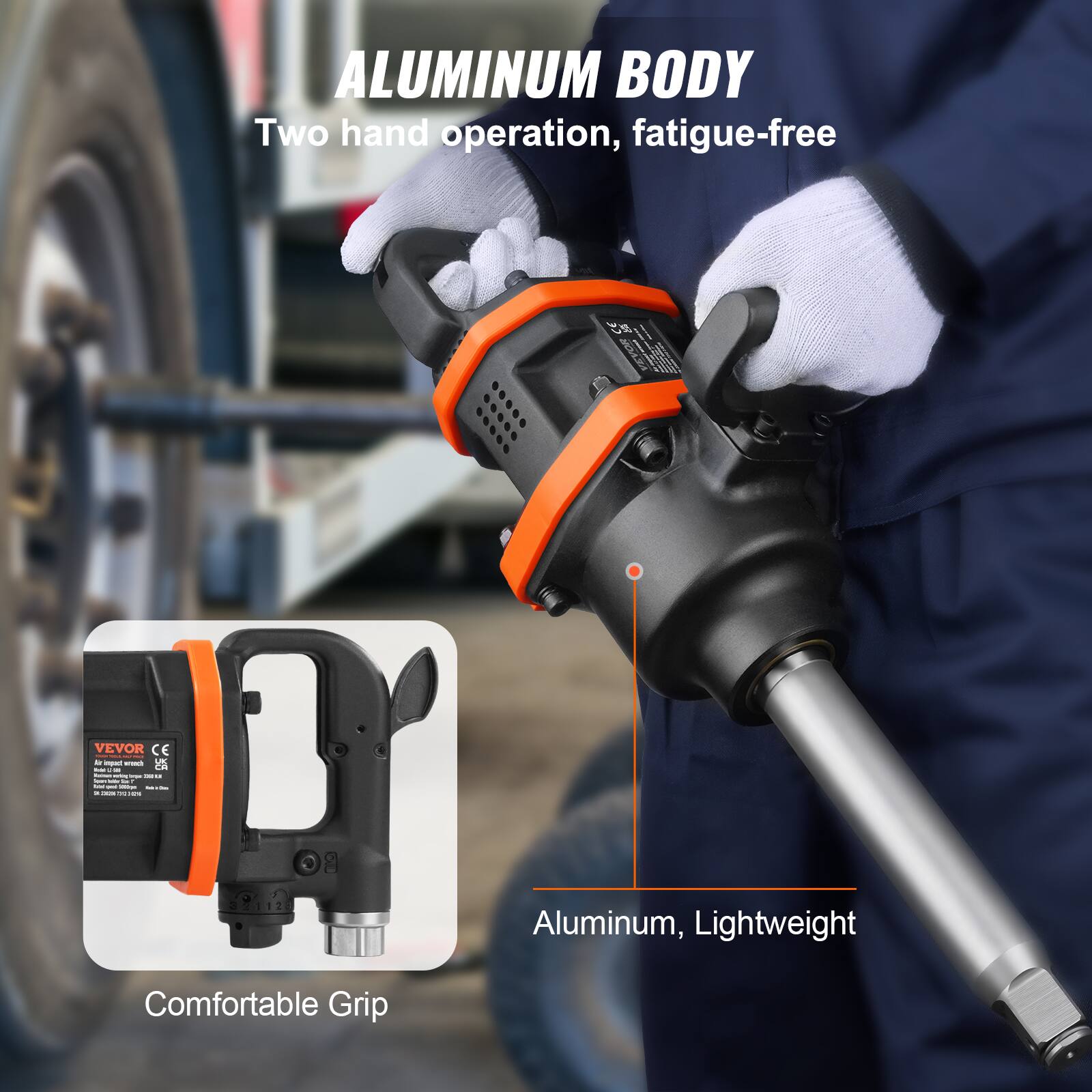 ALUMINUM BODY  
Two hand operation, fatigue-free  

Aluminum, Lightweight  

Comfortable Grip