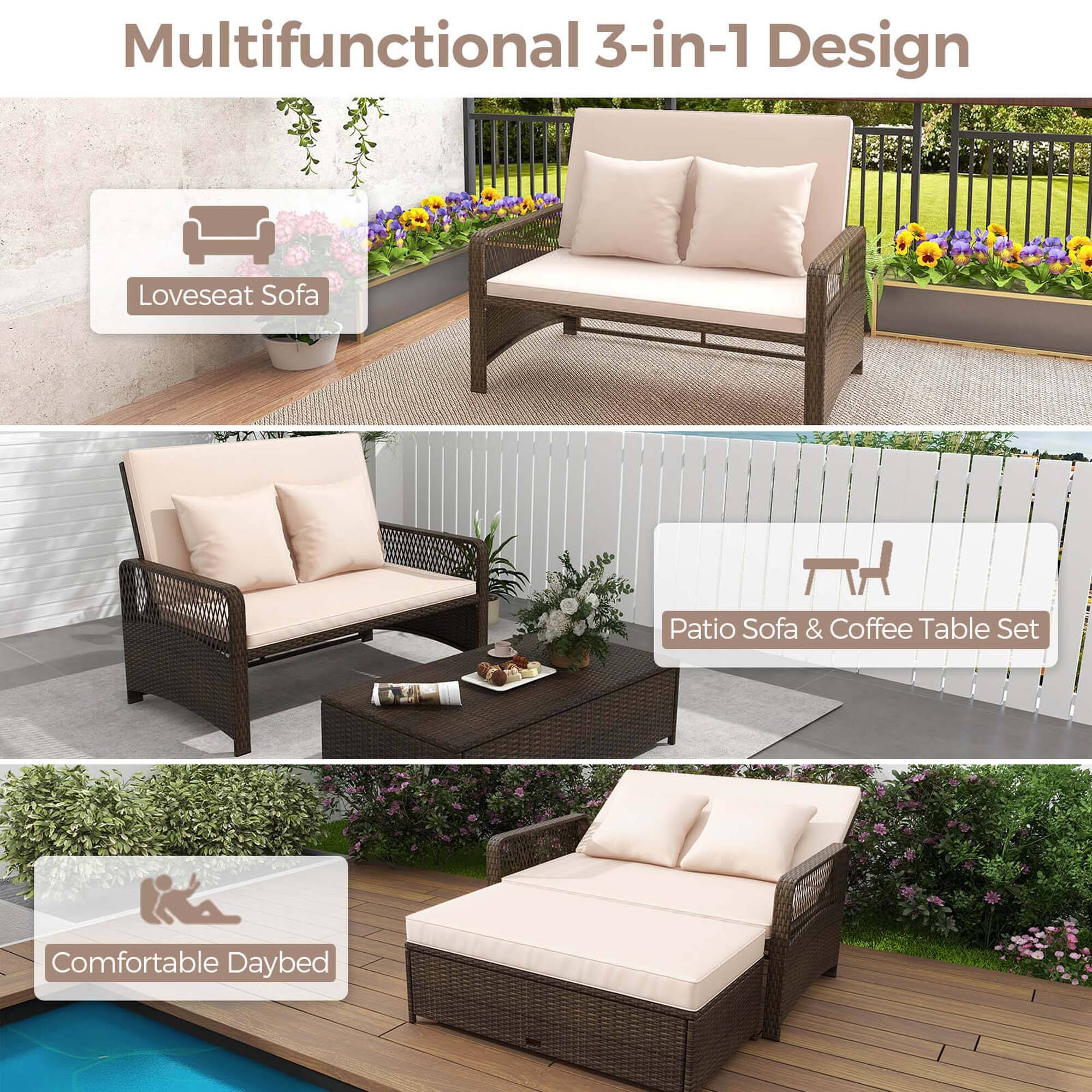 Multifunctional 3-in-1 Design: Loveseat Sofa, Patio Sofa & Coffee Table Set, Comfortable Daybed