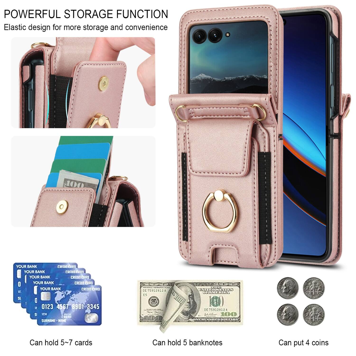 POWERFUL STORAGE FUNCTION  
Elastic design for more storage and convenience  

Can hold 5-7 cards  
Can hold 5 banknotes  
Can put 4 coins