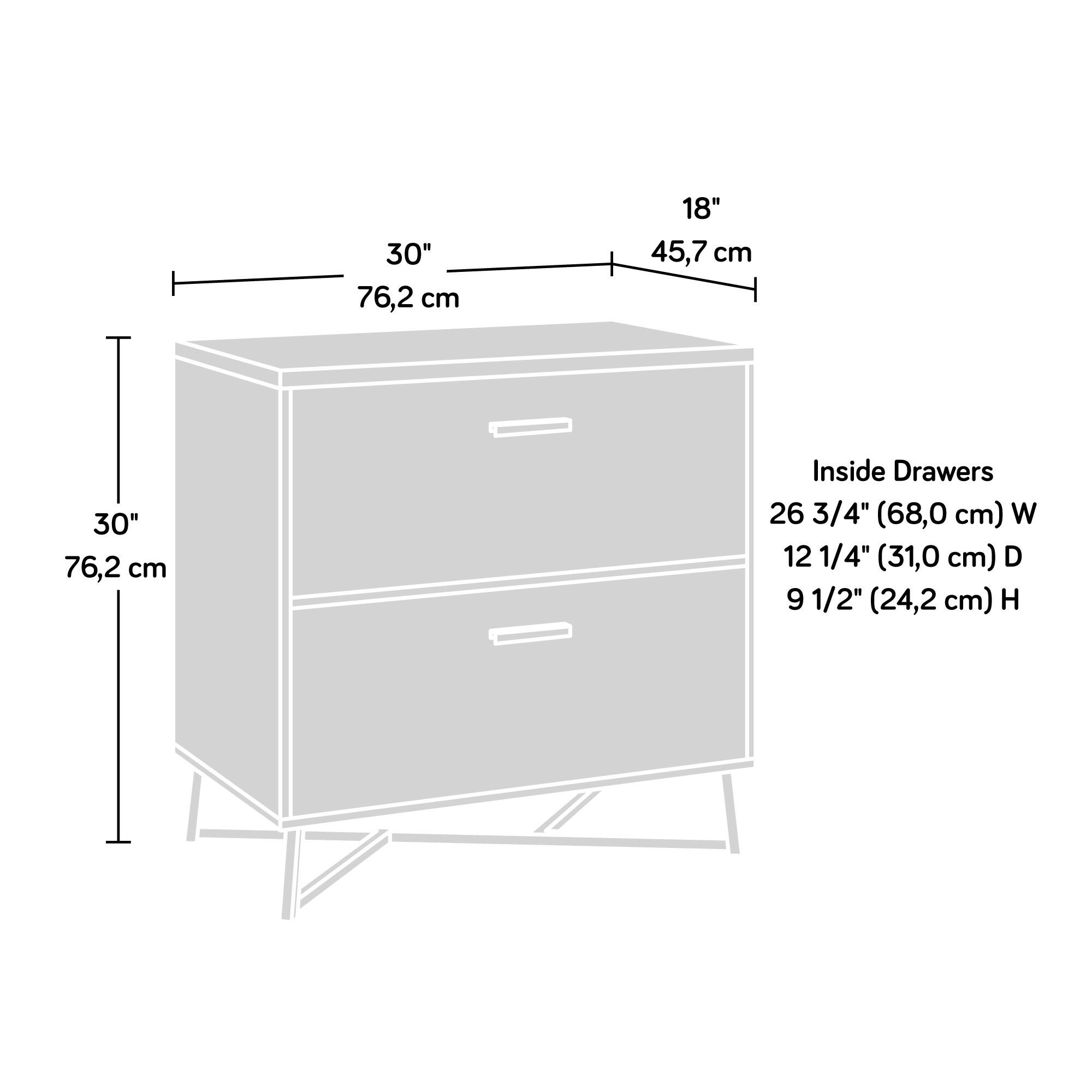 30" 76,2 cm  
18" 45,7 cm  
Inside Drawers  
26 3/4" (68,0 cm) W  
12 1/4" (31,0 cm) D  
9 1/2" (24,2 cm) H