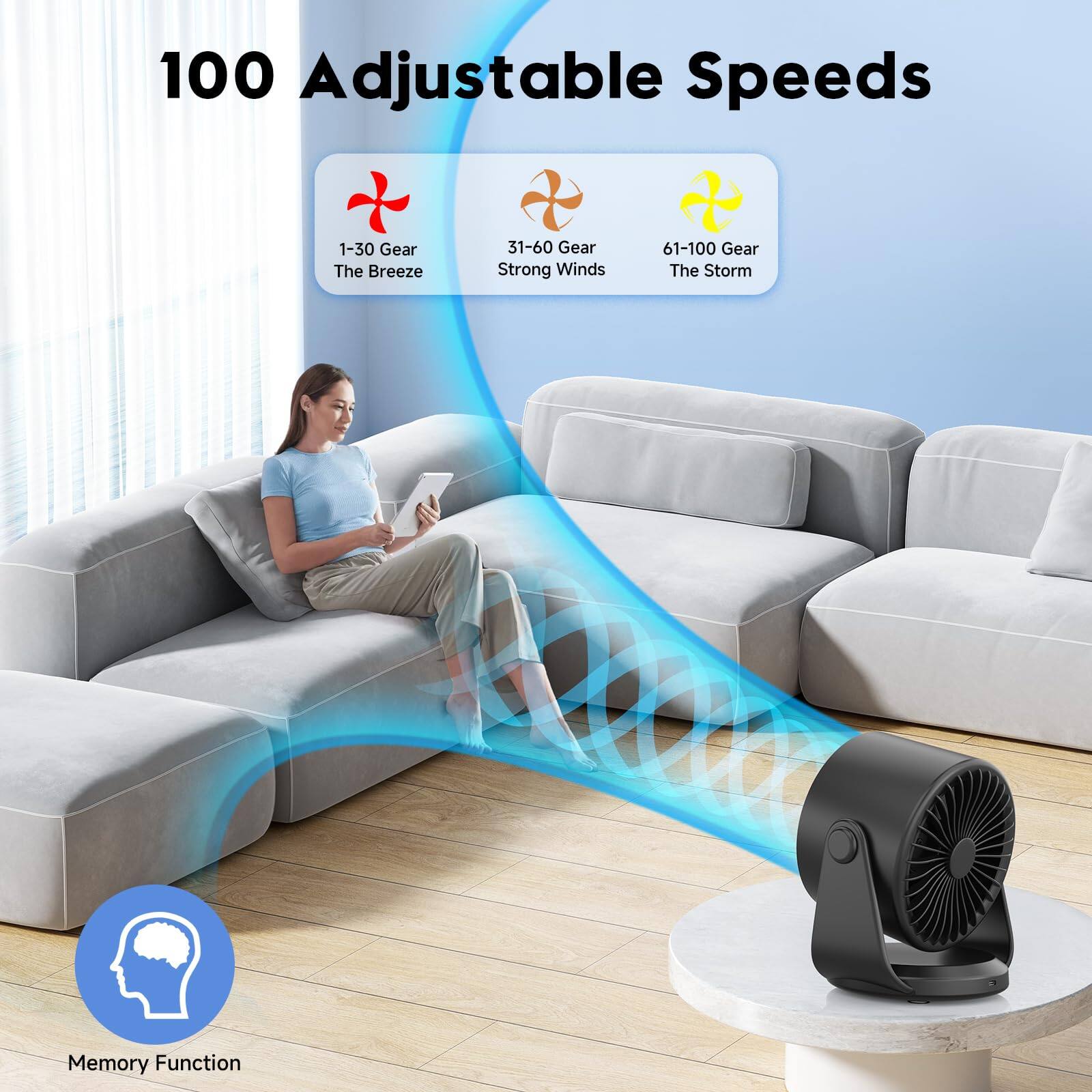 100 Adjustable Speeds

1-30 Gear: The Breeze  
31-60 Gear: Strong Winds  
61-100 Gear: The Storm

Memory Function