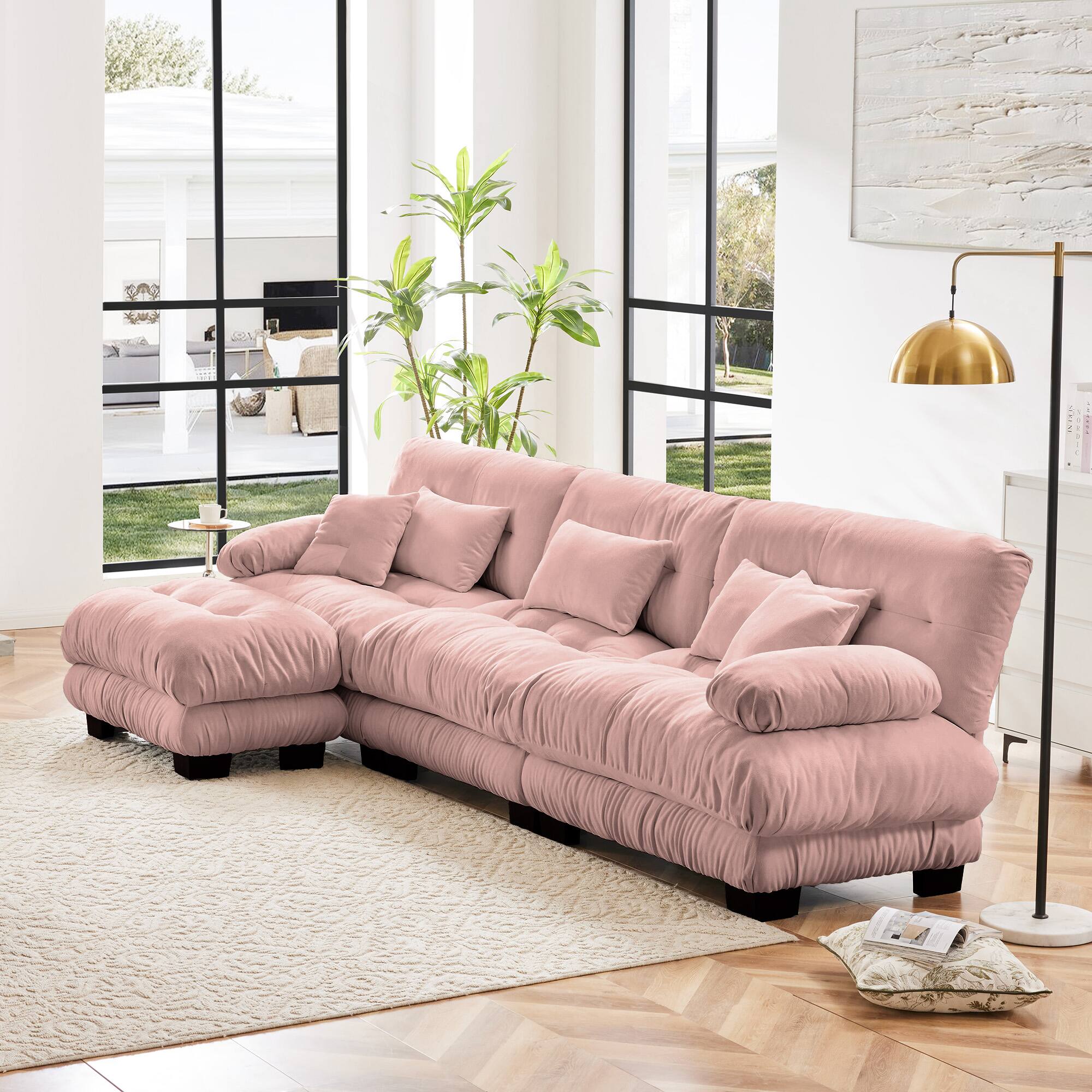 Angle. DOMETOUR - Luxury Modular Sectional Sofa Couch,Oversized L Shaped Cloud Couch,Deep Seat Sofa Couch with Convertible Ottoman - Chenille Pink.