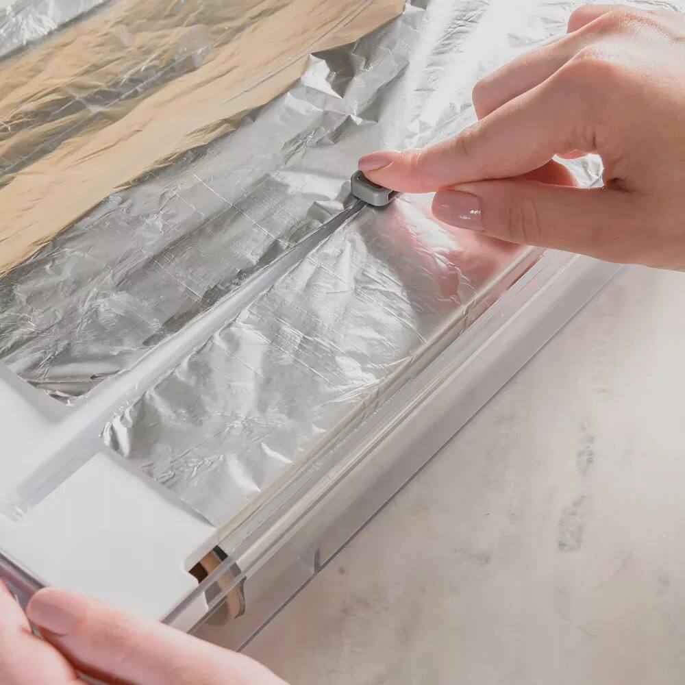 Left. OU - OU Aluminum Foil and Wrap Organizer with Cutter for 12" Roll, Plastic Wrap & Aluminum Foil Dispenser - White - White.