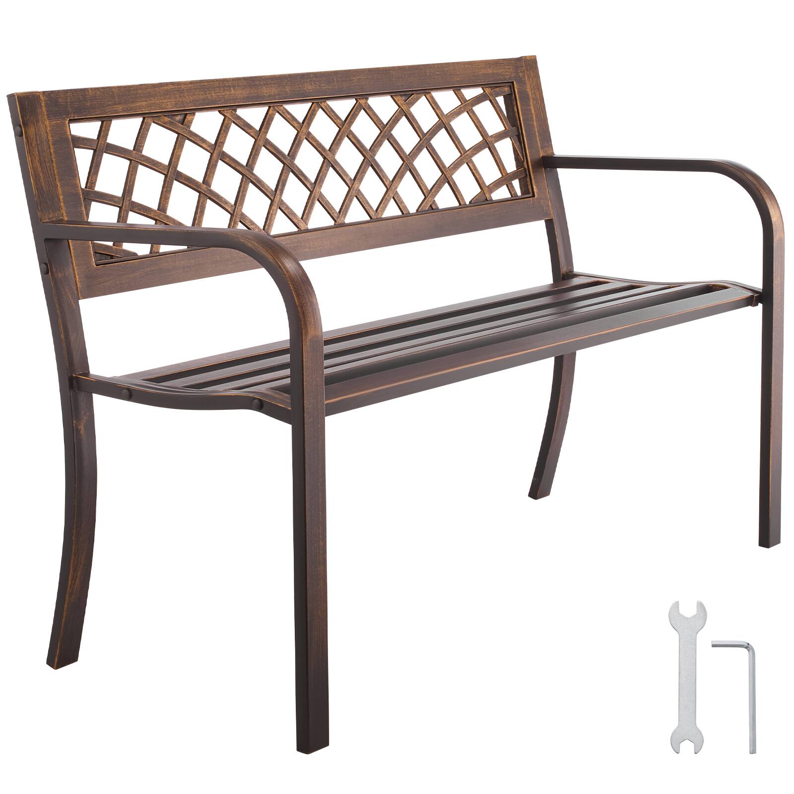Front. VEVOR - Outdoor Bench, 46 inch, Carbon Steel Metal Frame with PVC Mesh Pattern Backrest and Round Edge Armrests - Antique Bronze.