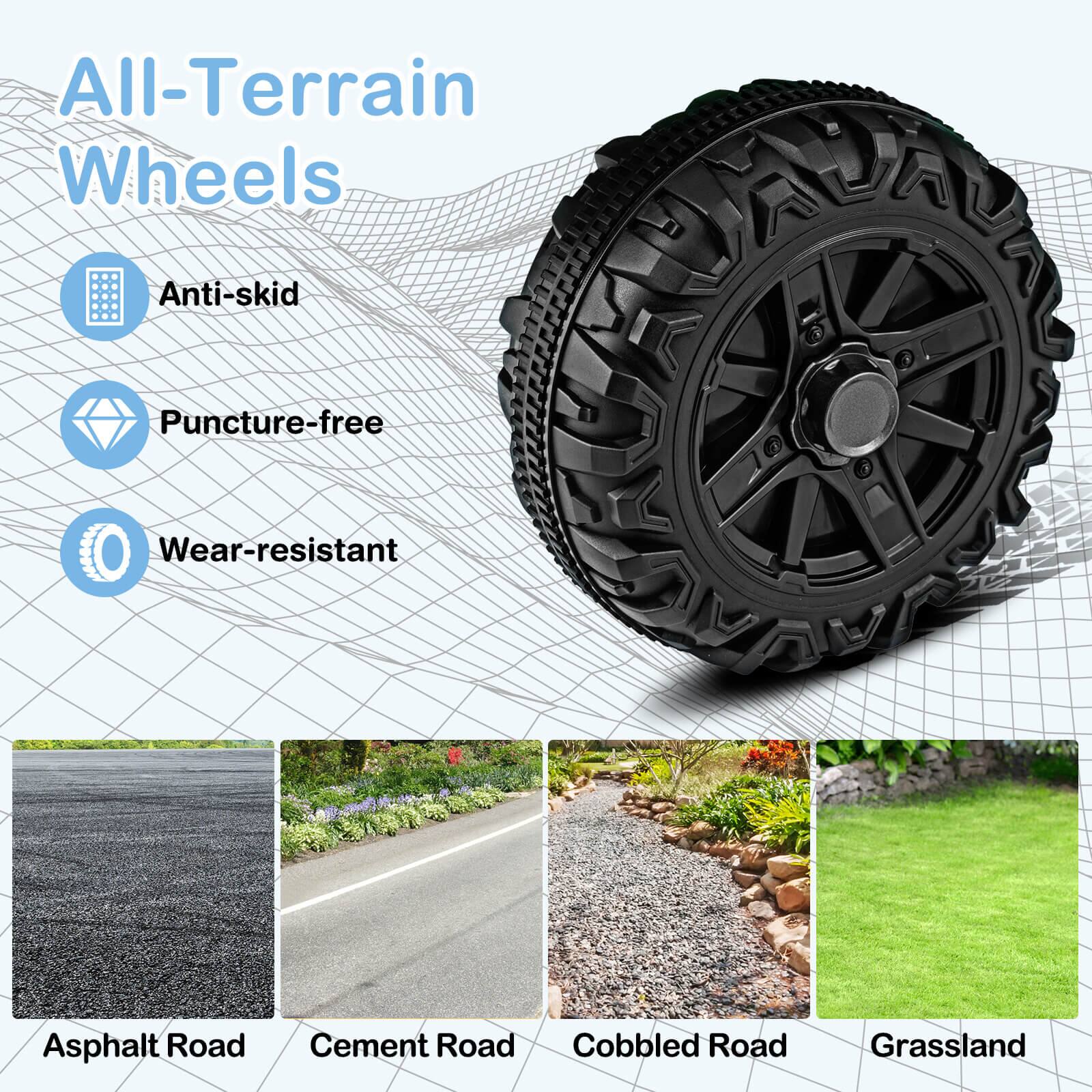 All-Terrain Wheels

- Anti-skid
- Puncture-free
- Wear-resistant

Asphalt Road  
Cement Road  
Cobbled Road  
Grassland