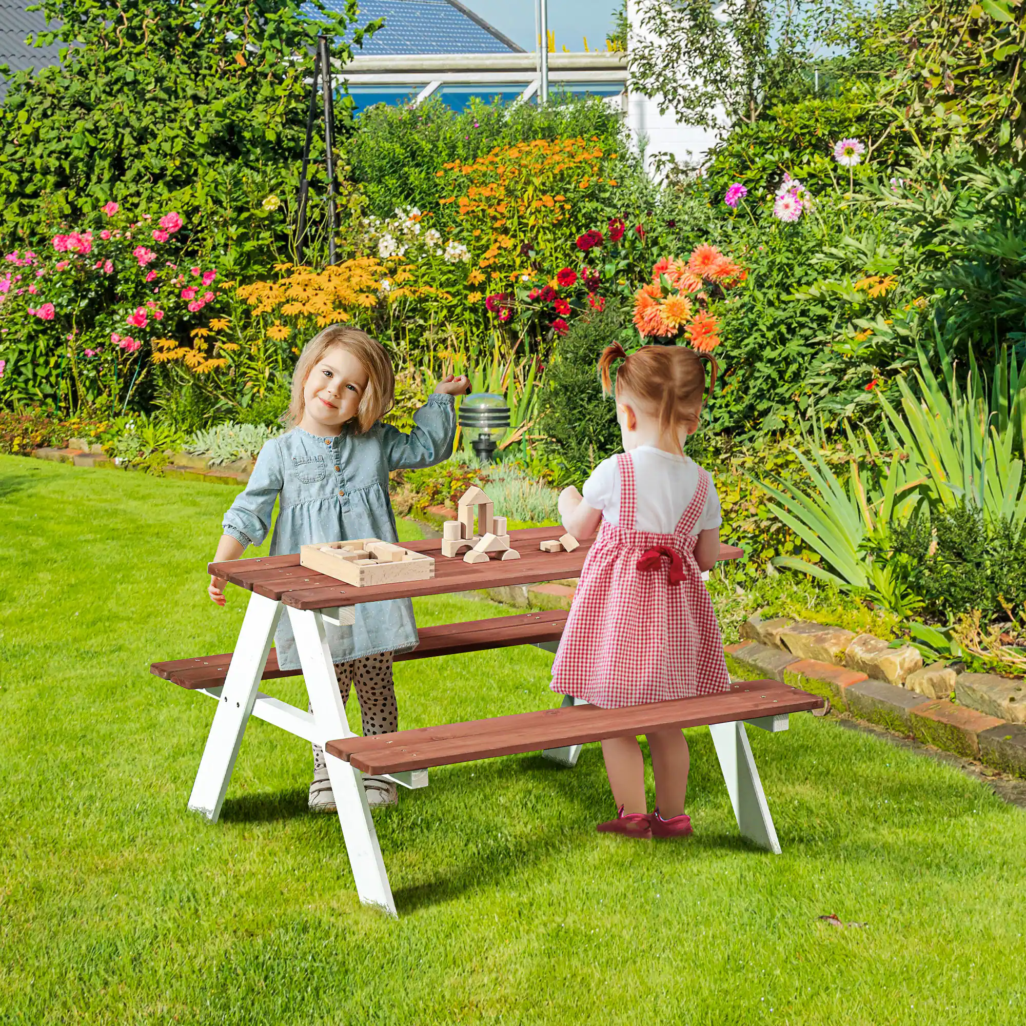 Alt View 1. Outsunny - Picnic Table Set, Wooden Table & Bench Set, Kids Patio Furniture Outdoor Toys for Garden, Backyard - Brown.