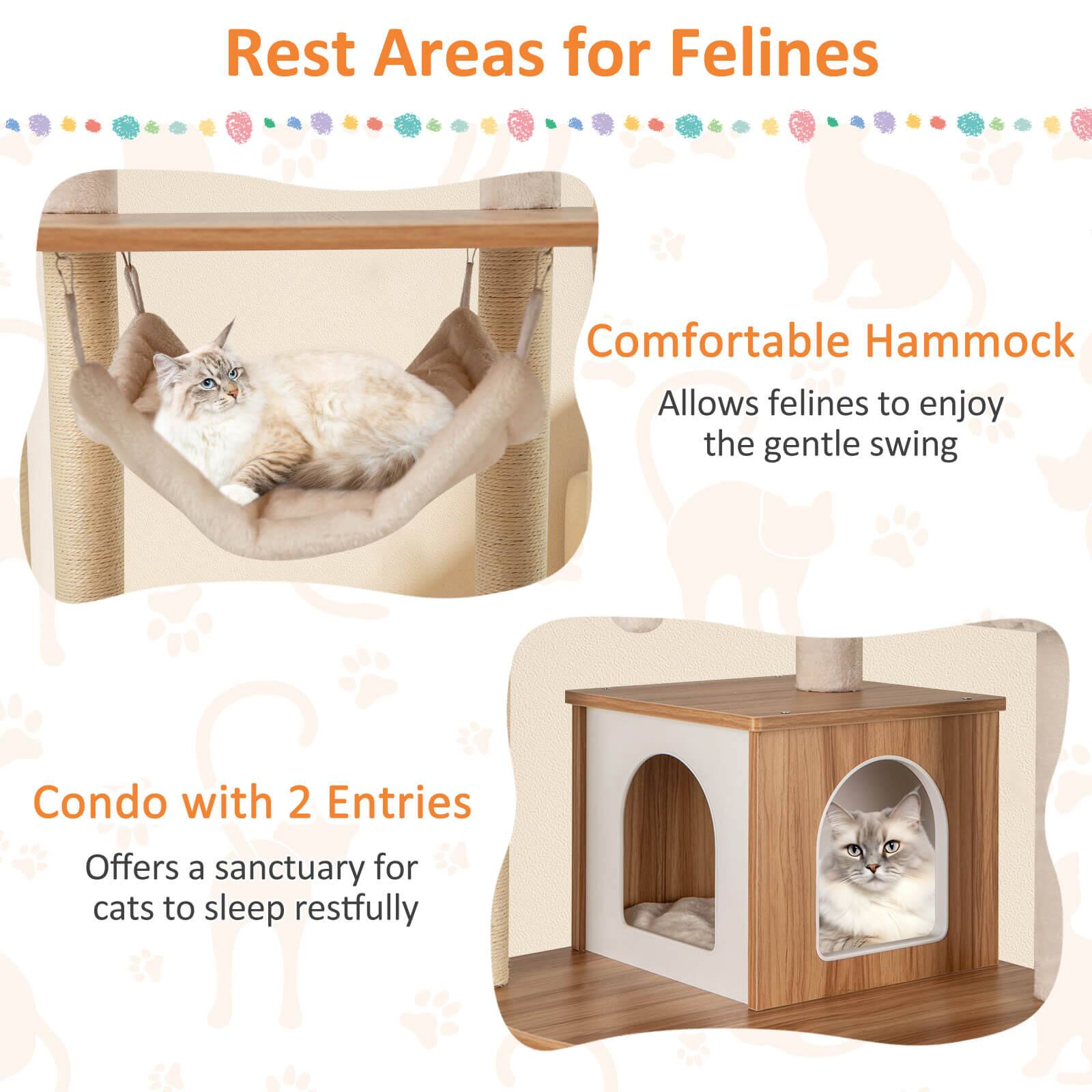 Rest Areas for Felines

Comfortable Hammock  
Allows felines to enjoy the gentle swing

Condo with 2 Entries  
Offers a sanctuary for cats to sleep restfully
