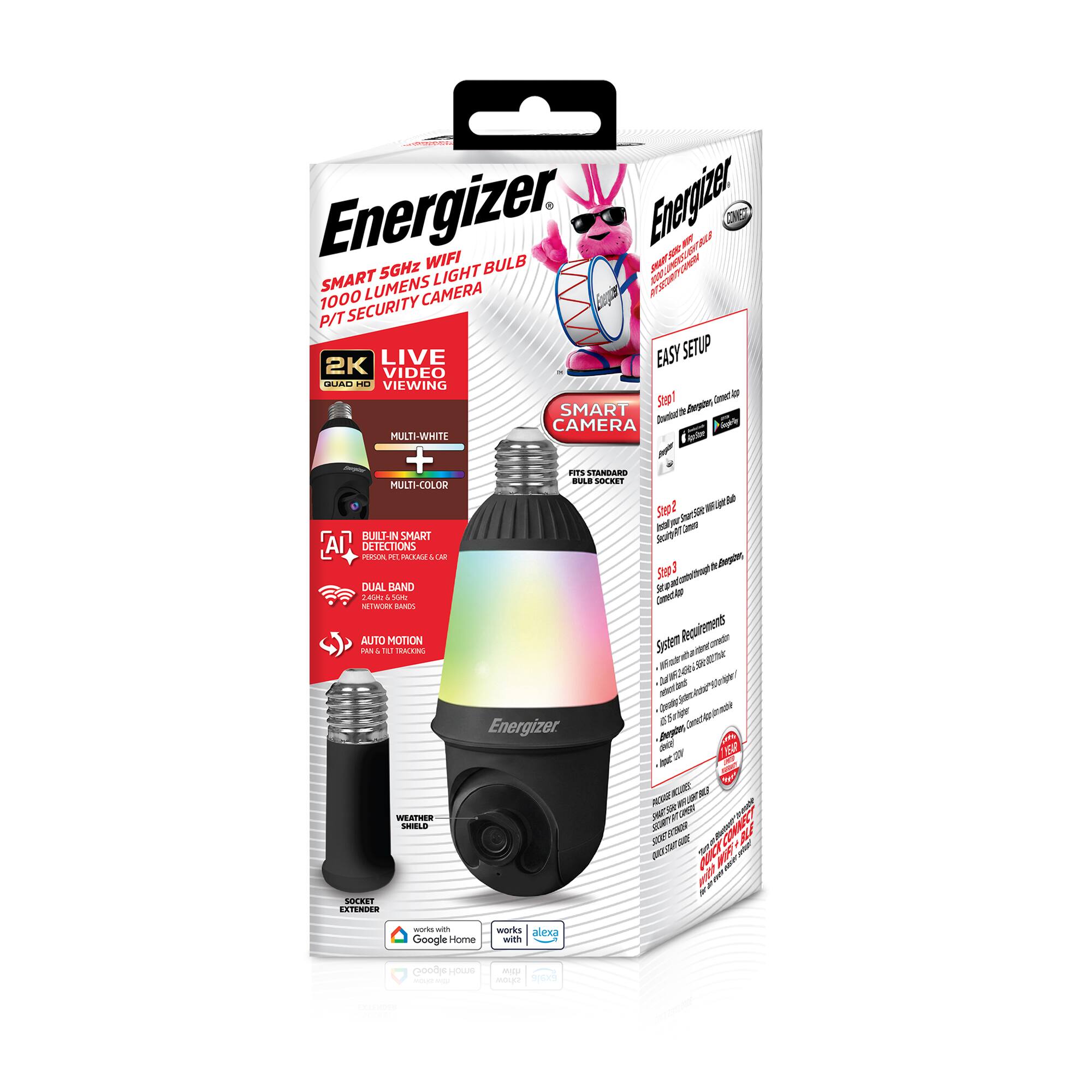 Energizer Smart 5GHz WiFi 1000 Lumens Light Bulb P/T Security Camera

- 2K Live Viewing
- Multi-White + Multi-Color
- Built-in Smart AI Detection & Car
- Dual Band Network Bands
- Auto Motion Pan & Tilt Tracking
- Weather Shield
- Fits Standard Bulb Socket
- Works with Google Home and Alexa

Easy Setup:
1. Download the Energizer Smart Home app.
2. Screw in the WiFi Light Bulb.
3. Set up the Smart Camera.

System Requirements:
- WiFi router with 2.4GHz and 5GHz bands
- Smartphone or tablet with camera
- Internet connection

Works with:
- Google Home
- Alexa