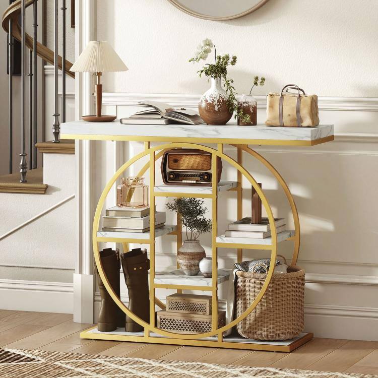 Alt View 2. PULUZ - 39.4 inch Console Table with Storage Shelves, Industrial Sofa Table for Living Room, Hallway - White Marble Effect.