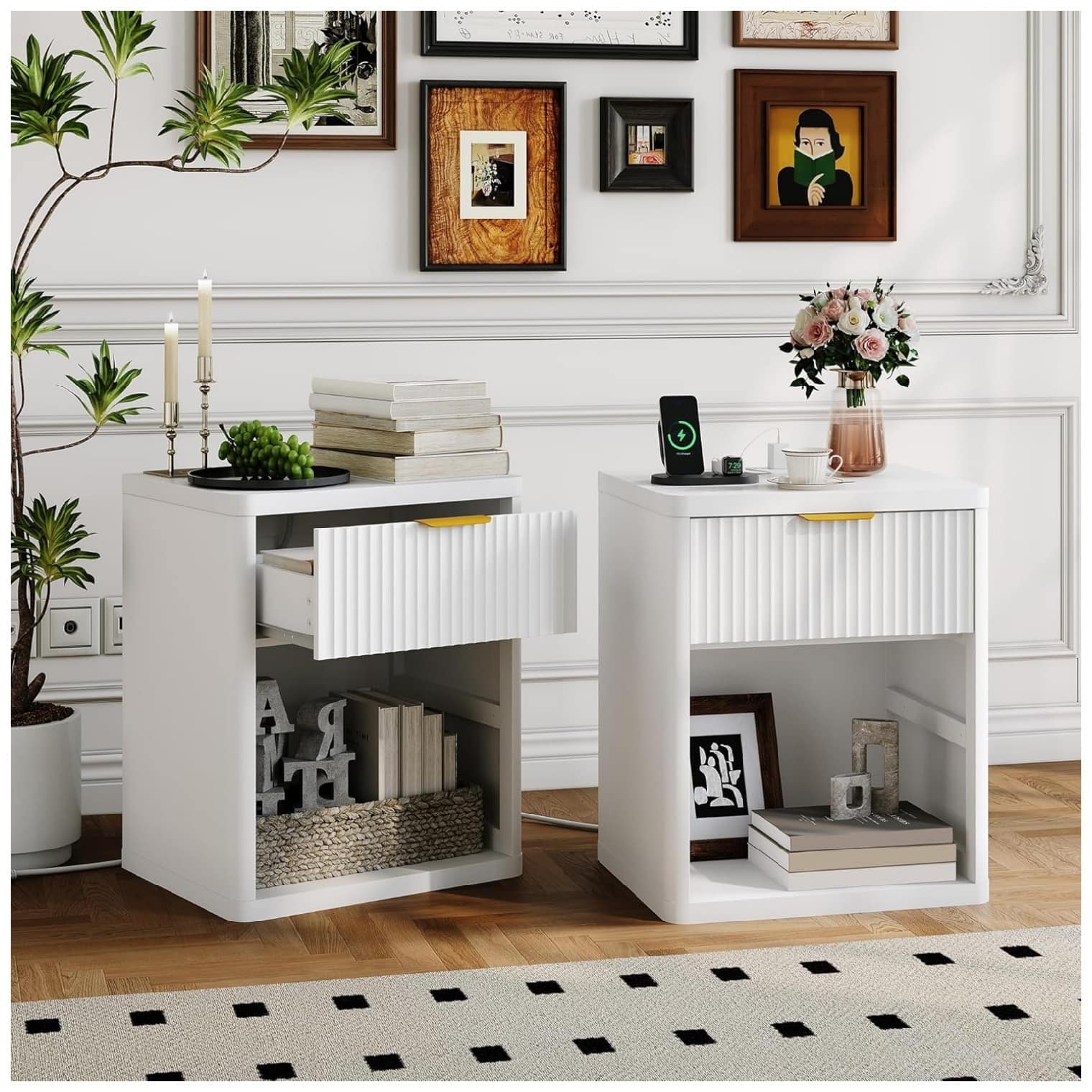 GARVEE - Fluted Nightstand Set of 2 with Charging Station, Bedside Table with Drawers and Open Storage Space - White