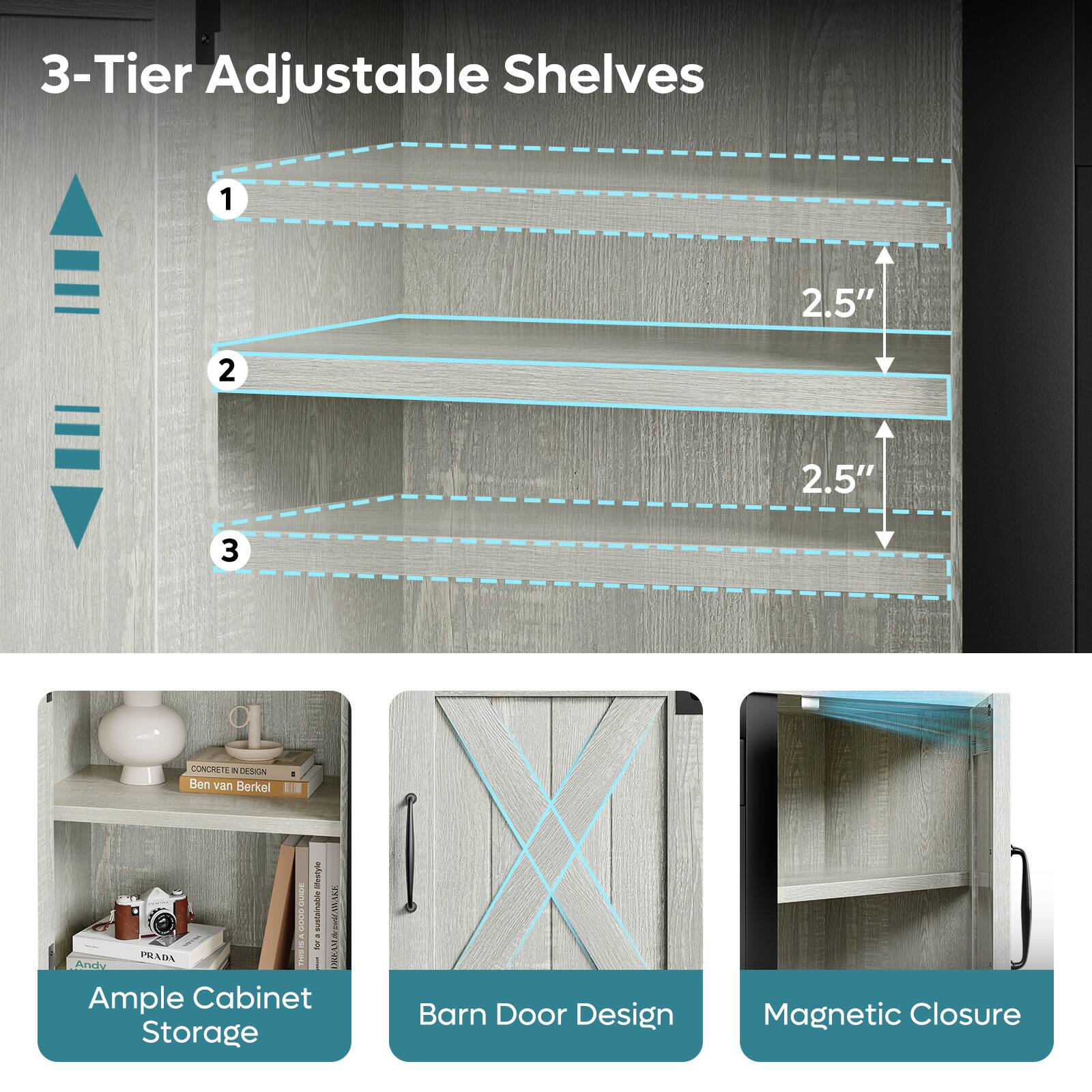 3-Tier Adjustable Shelves

1. 2.5"
2. 2.5"
3. CONCRETE & DESIGN
   Ben van Berkel

Ample Cabinet Storage
Barn Door Design
Magnetic Closure