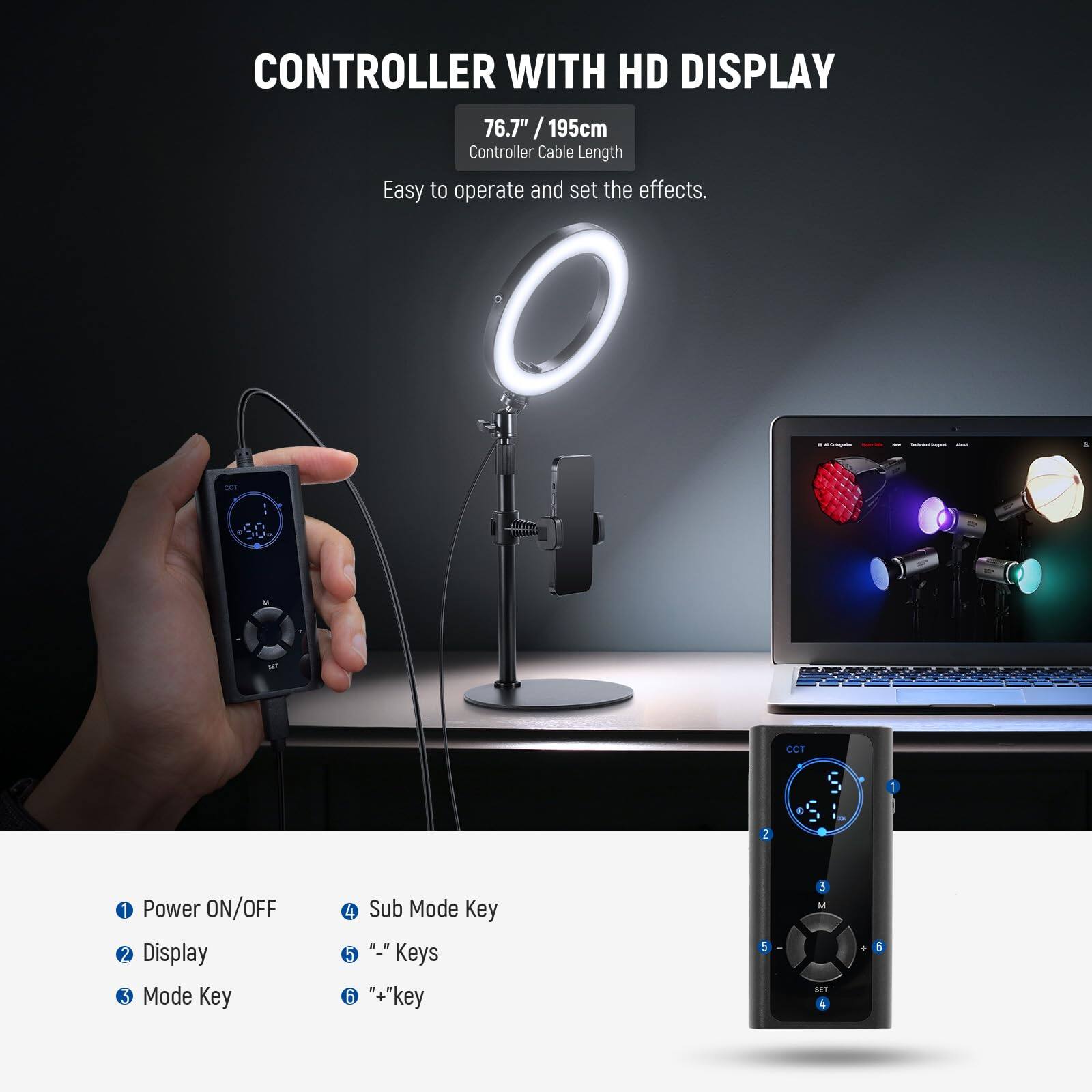 CONTROLLER WITH HD DISPLAY  
76.7" / 195cm  
Controller Cable Length  

Easy to operate and set the effects.  

1. Power ON/OFF  
2. Display  
3. Mode Key  
4. Sub Mode Key  
5. "-" Keys  
6. "+" Key
