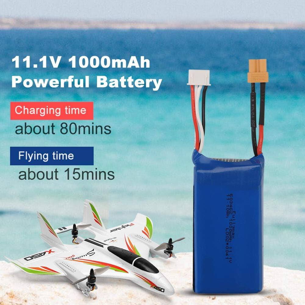 11.1V 1000mAh Powerful Battery

Charging time about 80mins

Flying time about 15mins