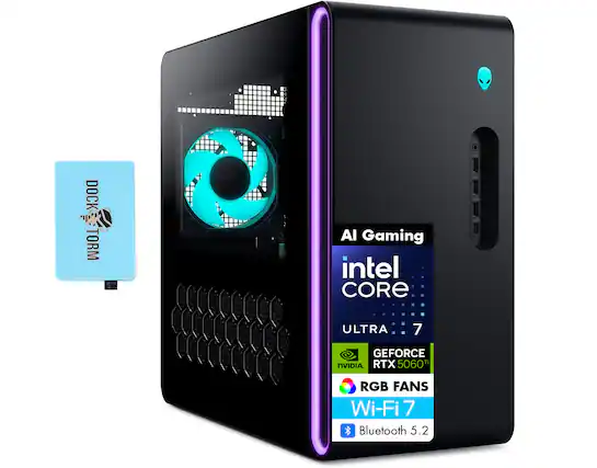 DOCK TORM O Al Gaming intel CORE ULTRA 7 GEFORCE RTX 5060 Ti NVIDIA RGB FANS Wi-Fi 7 Bluetooth 5.2