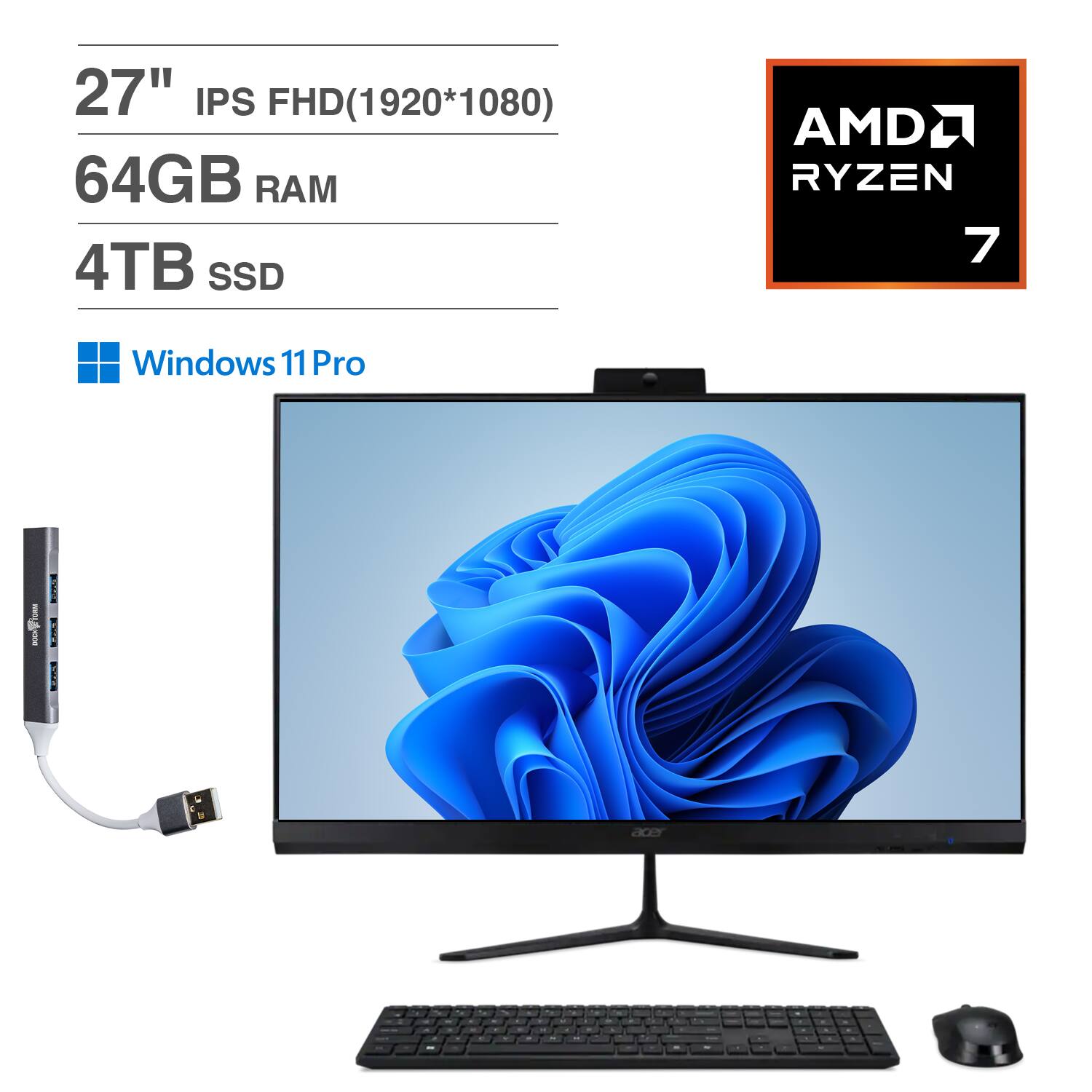 Acer - Aspire All-in-One 27 FHD (AMD Ryzen 7 5825U, 64GB DDR4, 4TB PCIe SSD, AMD Radeon, Win 11 Pro) w/USB Hub - Black