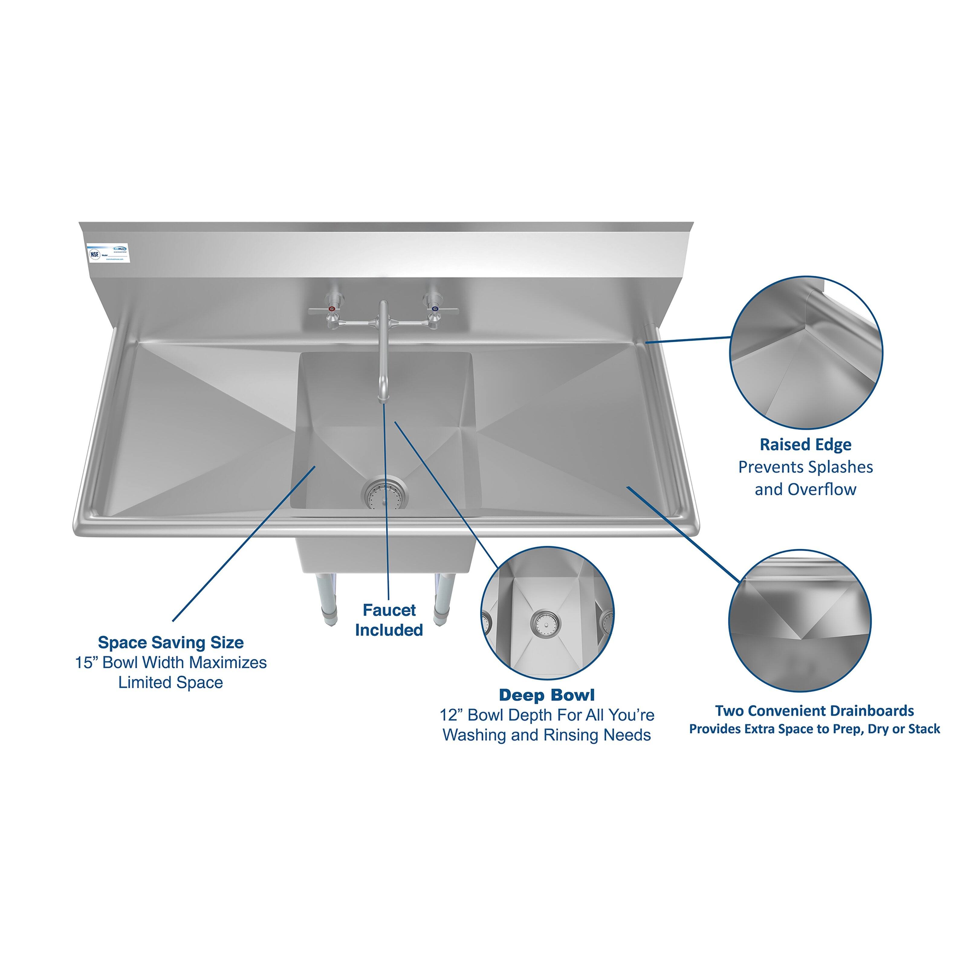 - Raised Edge Prevents Splashes and Overflow
- Space Saving Size 15" Bowl Width Maximizes Limited Space
- Faucet Included
- Deep Bowl 12" Bowl Depth For All You're Washing and Rinsing Needs
- Two Convenient Drainboards Provides Extra Space to Prep, Dry or Stack