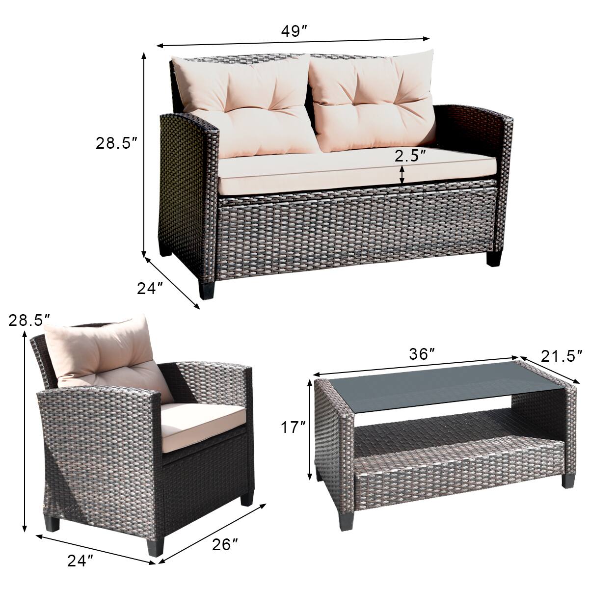 The sofa: 49", 28.5", 2.5", 24"
The armchair: 28.5", 24", 17"
The coffee table: 36", 21.5", 24", 26"