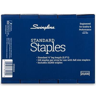 Sure, here is the corrected and grouped text:

---

**Swingline**

Engineered for Quality & Performance  
Since 1860

**STANDARD Staples**

- Standard 12" leg length (S.F.1)
- 210 staples per strip for use with full size staplers
- Includes 25,000 staples

25,000

---

**Barcode:**

- 0 74711 35101 0

**Product Code:**

- S7035101S

---