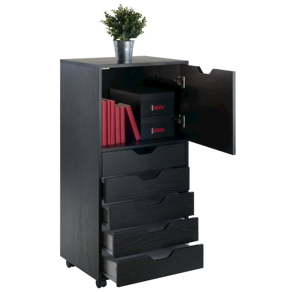 FurniFact - Composite Wood Home Office Floor Cabinet with Drawers and Locking Casters - Black