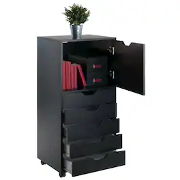 FurniFact - Composite Wood Home Office Floor Cabinet with Drawers and Locking Casters - Black