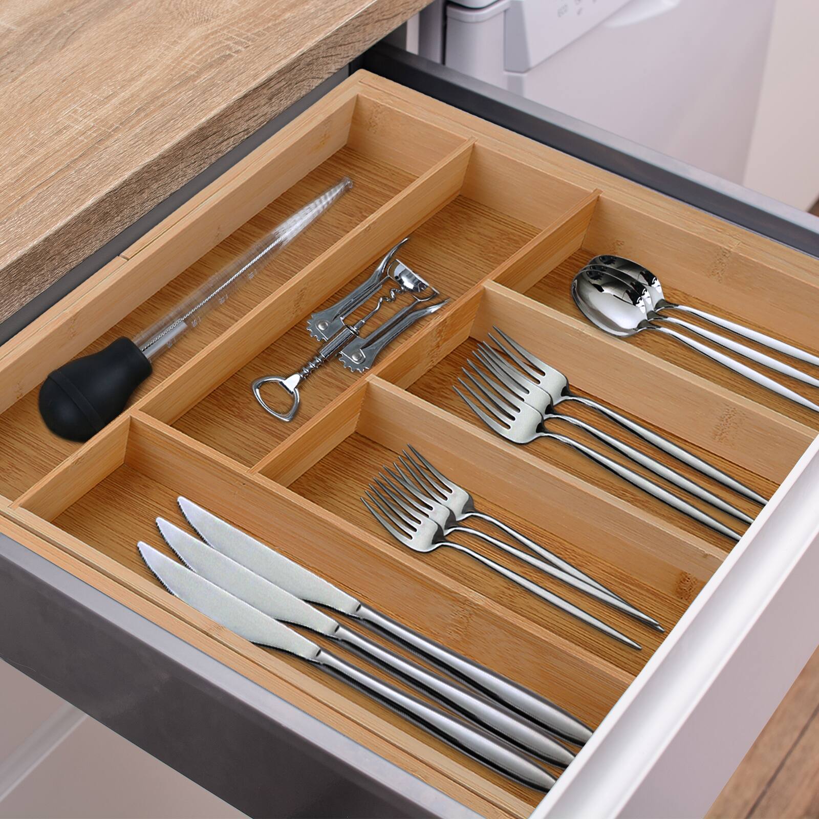 Alt View 2. KITCHENTREND - KITCHENTREND Drawer Organizer Bamboo Expandable Silverware Drawer Organizer for Utensils Holder Adjustable Cutlery Tray - Bamboo color.