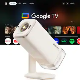 Aurzen - Portable Projector, Built-in Google TV, USB-C Powered, Flexible Stand, TOF Auto Focus, 300 ANSI Lumens - Off-White