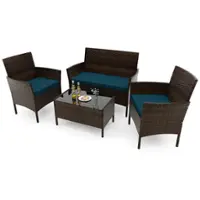 Costway - 4 PCS Patio Furniture Set withWashable Cushions and Tempered Glass Coffee Table - Blue,Mix Brown - Front_Zoom