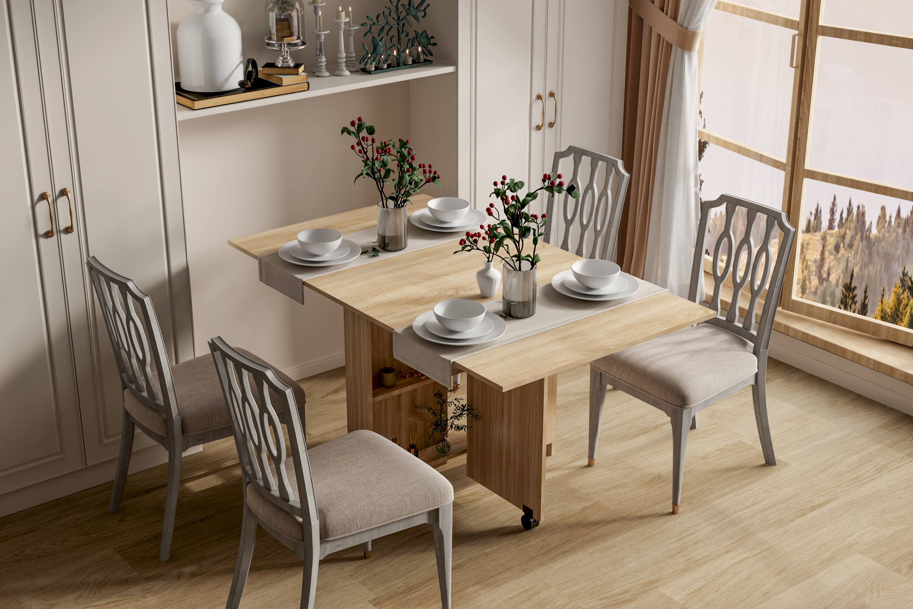 Front. Tiramisubest - Folding Dining Table,Versatile Dinner Table with 2 Wheels and 2 Storage Racks,Space Saving Dining Table,Pear Wood Color - Wood.