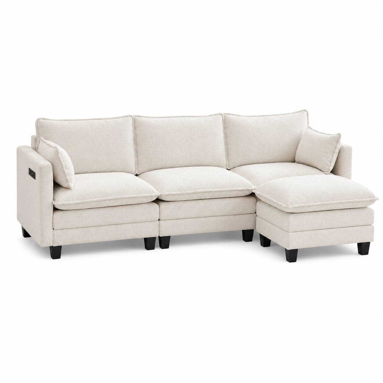 Anysun - Modern Chenille 3-Seat Couch with Matching Ottoman, Built-in USB Ports and Side Pockets - Beige