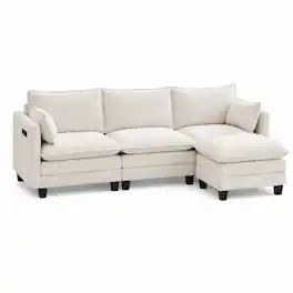 Anysun - Modern Chenille 3-Seat Couch with Matching Ottoman, Built-in USB Ports and Side Pockets - Beige