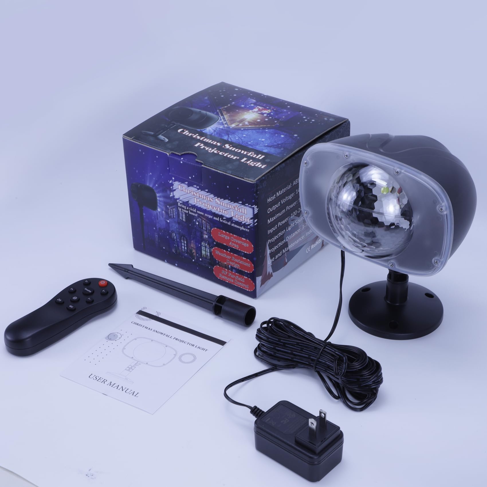 Christmas Snowball Projector Light

Host Material: ABS
Output Voltage: 5V
Maximum Power: 10W
Input Power: 100-240V
Projection Distance: 1-3m
Protection: IP44

Remote Control and Manual Included

USER MANUAL

CHRISTMAS SNOWBALL PROJECTOR LIGHT

12021700 ENMM NITE

PELLTS BUT USER MANUAL