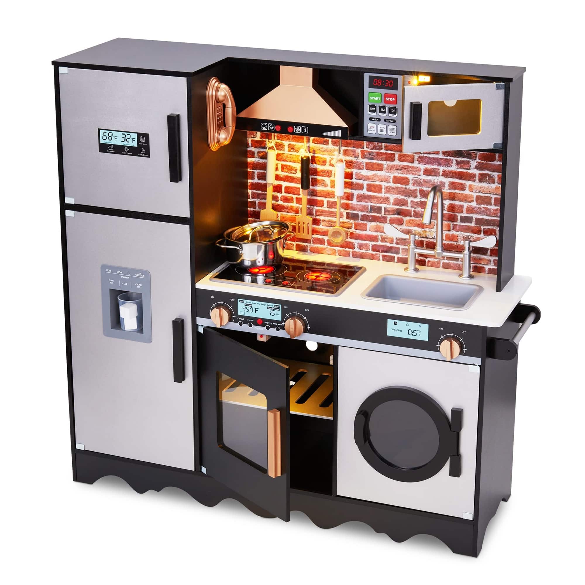 Lil' Jumbl - Large Kids Kitchen Set, Wooden Pretend Play Kitchen with Icemaker, Microwave & More - Charcoal