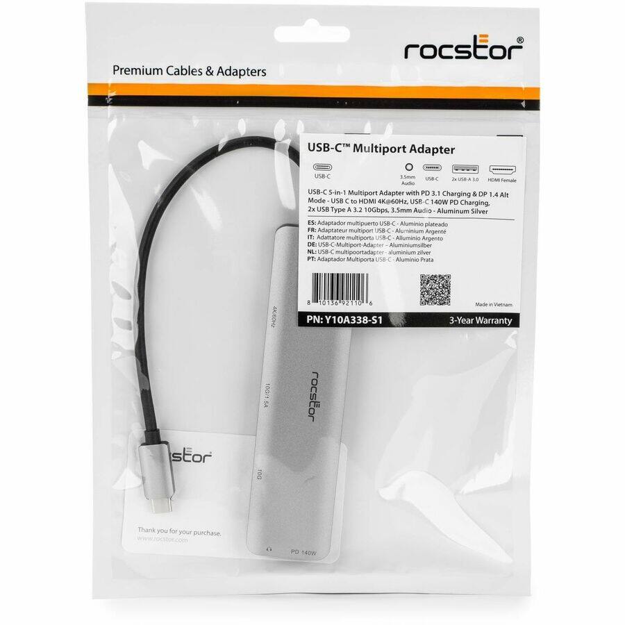 Premium Cables & Adapters

USB-C™ Multiport Adapter

USB-C 5-in-1 Multiport Adapter with PD 3.1 Charging & DP 1.4 Alt Mode
- USB-C to HDMI 4K@60Hz
- USB-C 140W PD Charging
- 2x USB Type A 3.2 10Gbps
- 3.5mm Audio
- Aluminum Silver

Model: USB-C™ Multiport Adapter
- USB-C to HDMI 4K@60Hz
- USB-C 140W PD Charging
- 2x USB Type A 3.2 10Gbps
- 3.5mm Audio
- Aluminum Silver

ES: Adaptador multipuerto USB-C Aluminio plateado
FR: Adaptateur multiport USB-C Aluminium Argente
DE: USB-C-Multiport-Adapter Aluminiumsiber
IT: Adattatore multiport USB-C Alluminio Argento
NL: USB-C-Multiport-Adapter Aluminiumsiber
PT: Adaptador Multiporta USB-C Aluminio Prata

PN: Y10A338-S1
Made in Vietnam
3-Year