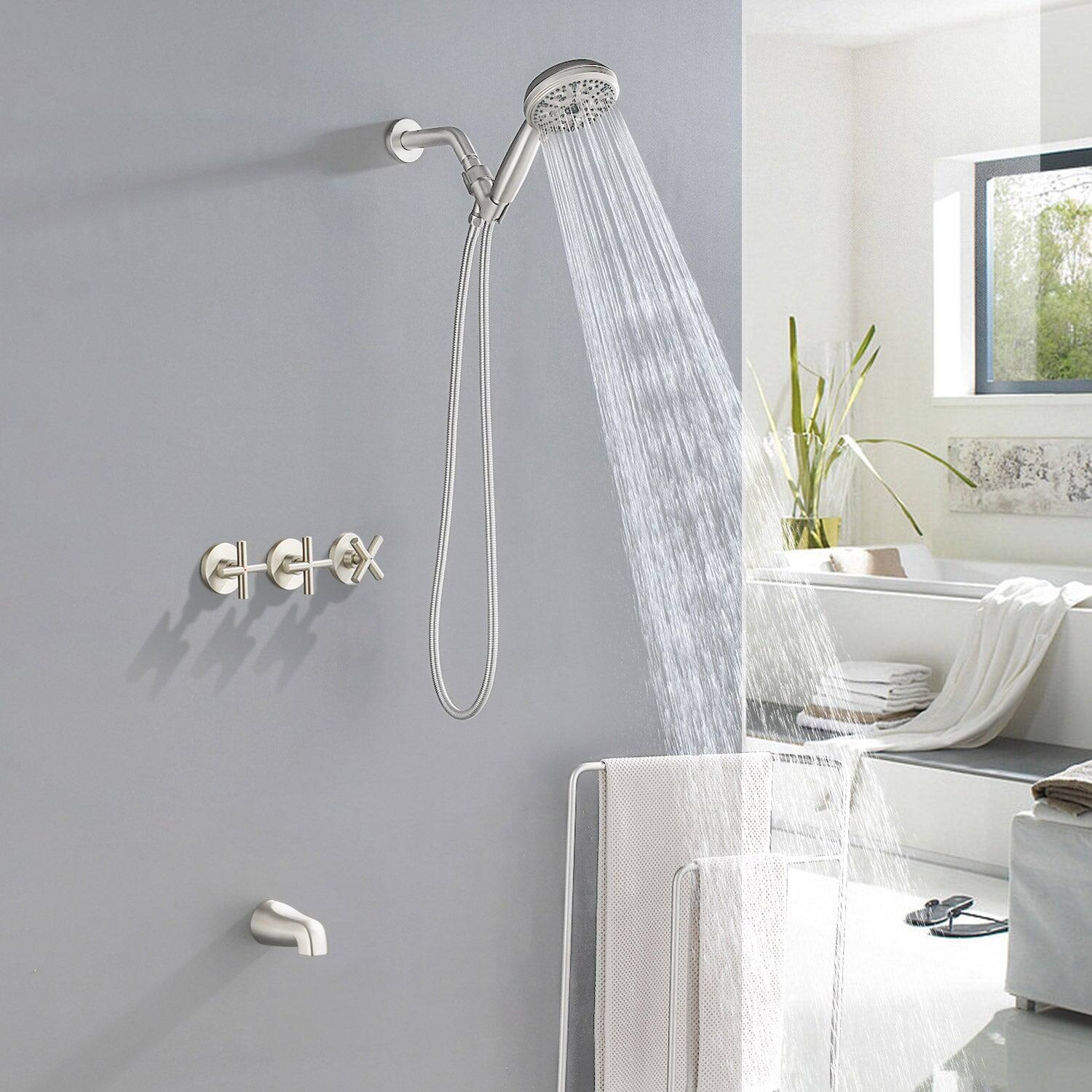 Alt View 3. Boyel Living - Brushed Nickel Shower Set with 10 Function ABS Handheld Shower Three Handle Control and High Flow Tub Spout - Brushed Nickel.
