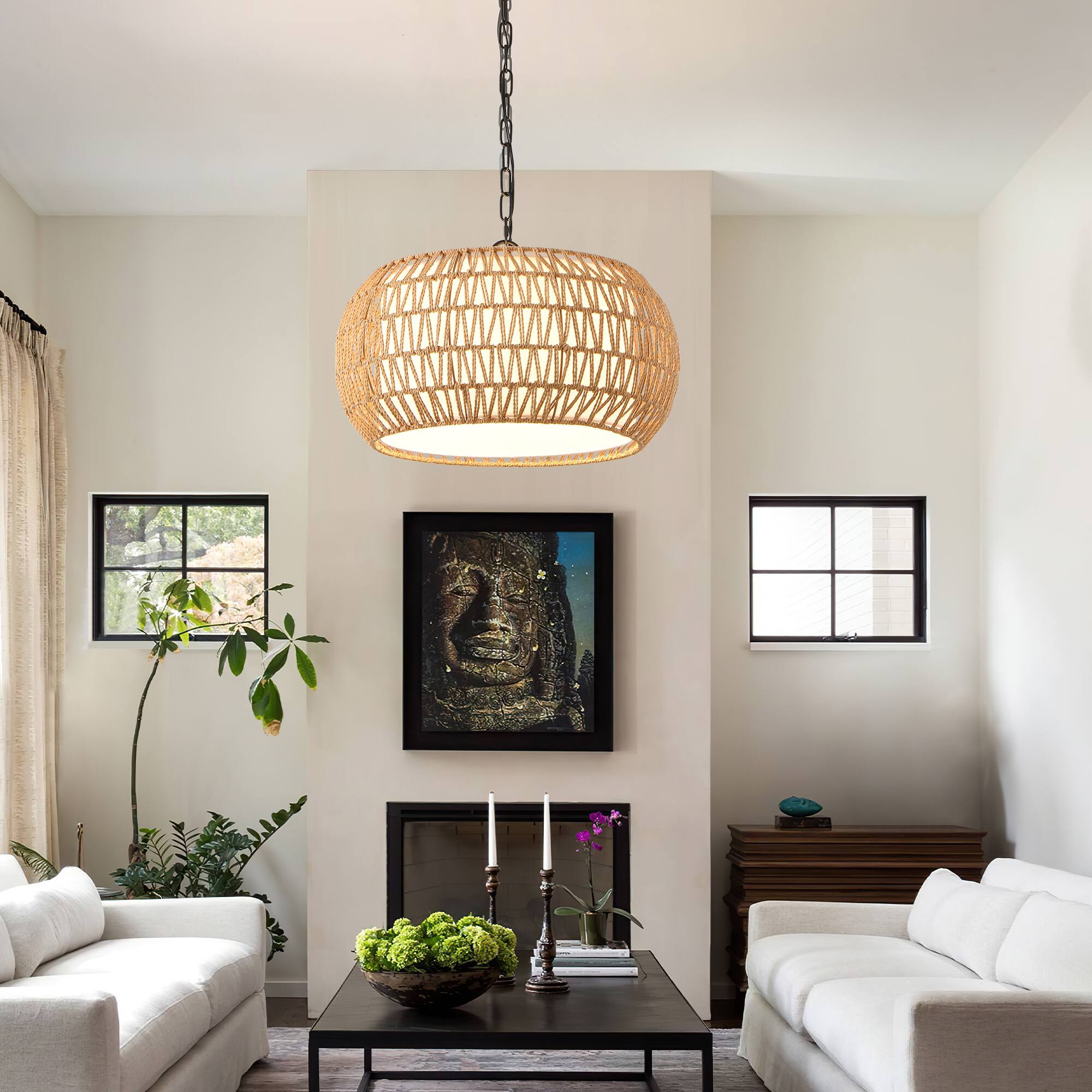 Left. APRILSOUL - 18 Inch Farmhouse Pendant Light with Adjustable Height Boho Woven Jute Rope Hanging Ceiling Light Fixture No Bulb.