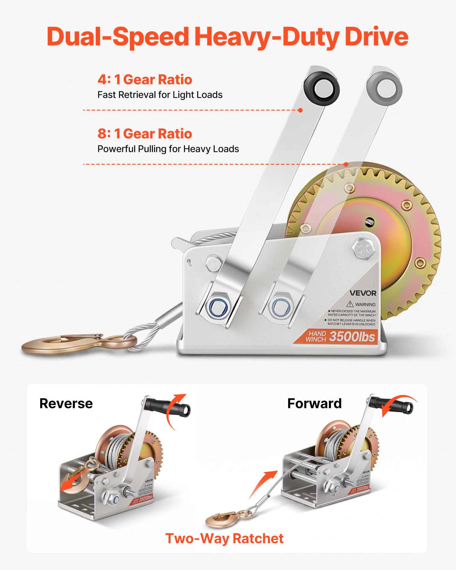 Dual-Speed Heavy-Duty Drive

4:1 Gear Ratio
Fast Retrieval for Light Loads

8:1 Gear Ratio
Powerful Pulling for Heavy Loads

VEVOR WARNING

HAND WINCH 3500lbs

Reverse Forward Hoist

Two-Way Ratchet