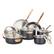 The image features a collection of black and silver pots and pans, including a large pot, a small pot, and a pan. The pots and pans are arranged in a visually appealing manner, showcasing their various sizes and shapes. The image likely represents a display of cookware, possibly in a store or a kitchen setting.