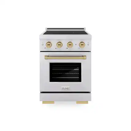 Front. ZLINE - Autograph 24 in. 3.2 cu. ft. Paramount Freestanding Induction Range with 3 Burners and Electric Oven w/ Bronze Accents - Stainless Steel.