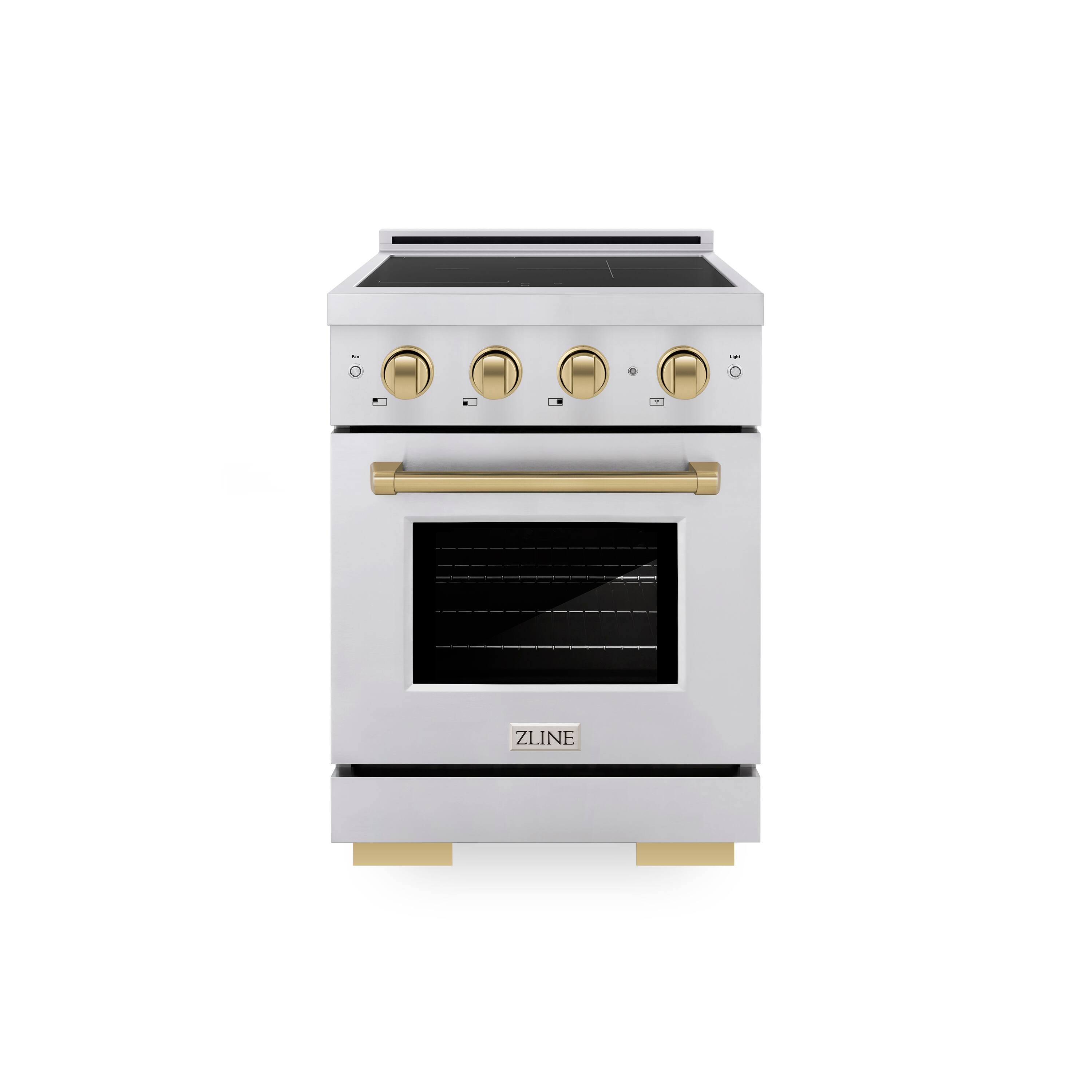 Front. ZLINE - Autograph 24 in. 3.2 cu. ft. Paramount Freestanding Induction Range with 3 Burners and Electric Oven w/ Bronze Accents - Stainless Steel.