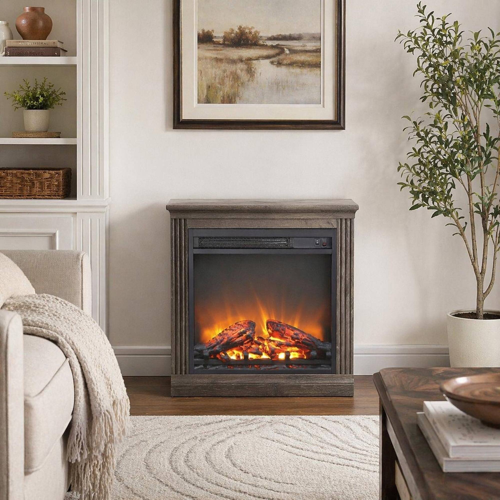 Angle. RYHNUYNE - 18 Inch Electric Fireplace Insert – Ultra Thin Heater with Log Set & Realistic Flame for TV Stand, Fireplace Cabinet - Antique Black.