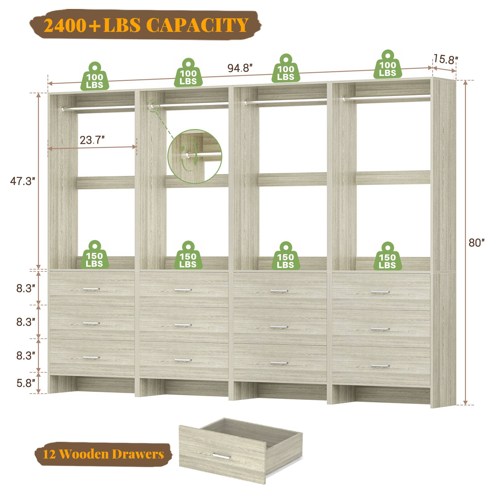 2400+ LBS CAPACITY

100 LBS
100 LBS
100 LBS
100 LBS

94.8"
15.8"

23.7"
47.3"

150 LBS
150 LBS
150 LBS
150 LBS

80"
8.3"
8.3"
8.3"
5.8"

12 Wooden Drawers